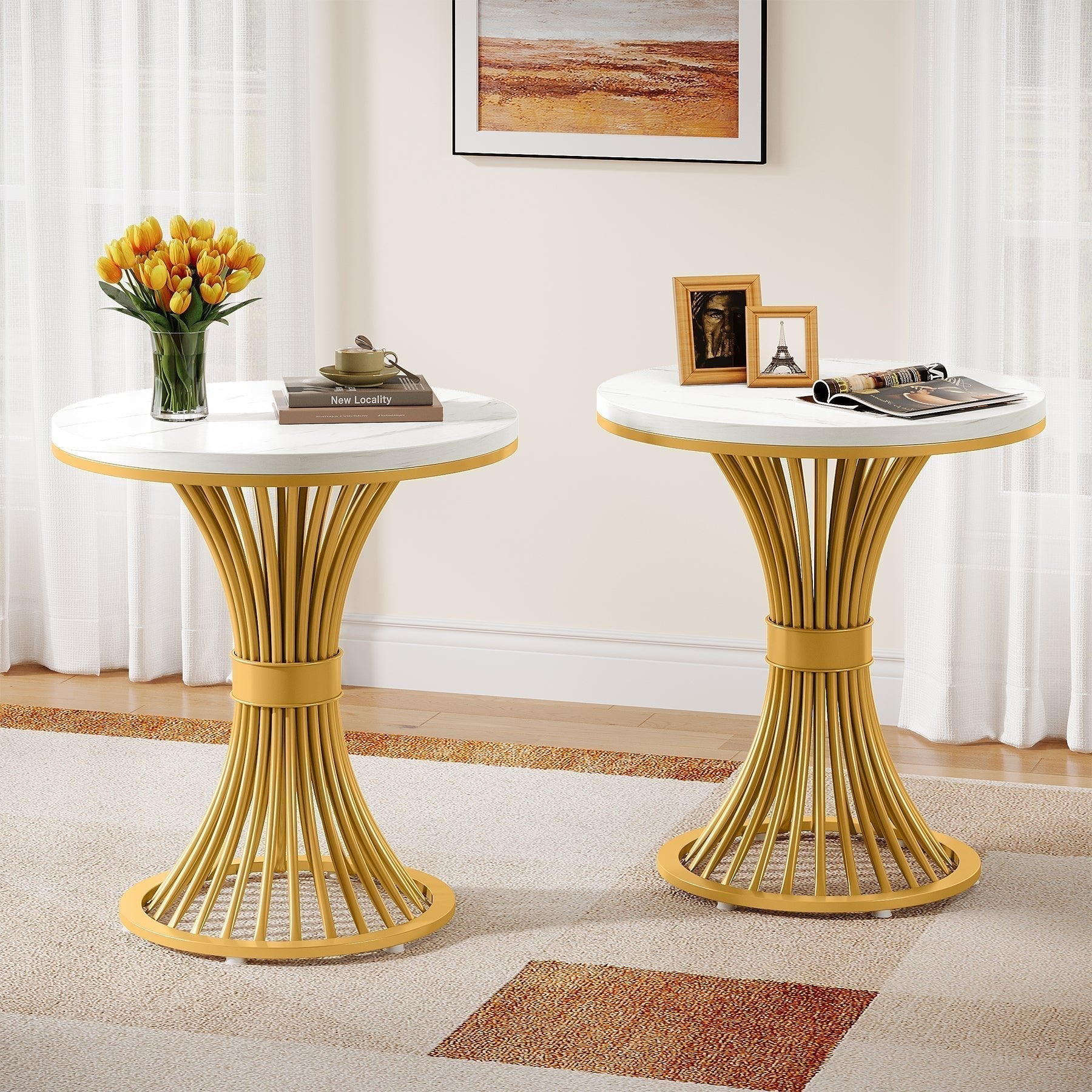 Tribesigns Table d'appoint ronde 51 cm avec plateau effet marbre, Table d'appoint blanche et piètement en métal doré