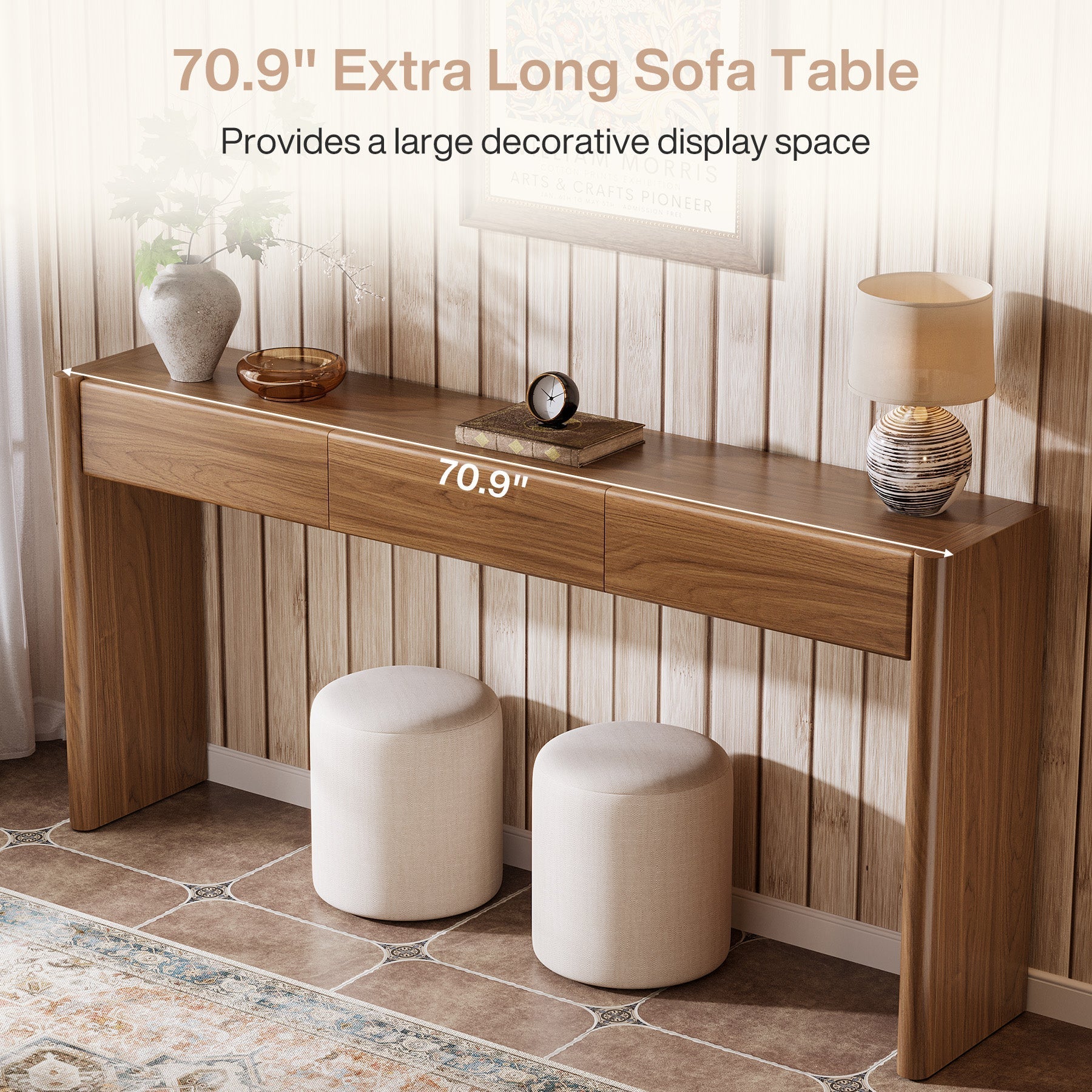 Tribesigns Console van 180 cm met 3 lades, Smalle vintage bruine haltafel houten bijzettafel met plank
