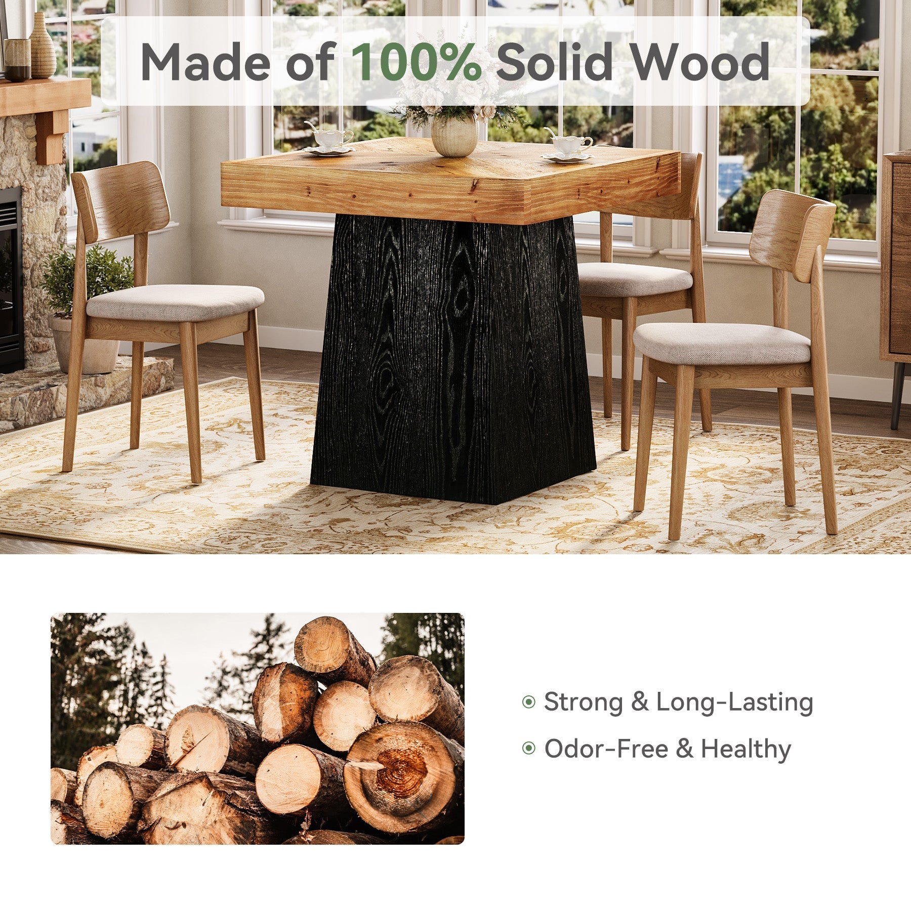 Tribesigns Vierkante Eettafel, Massief Hout, 80 cm voor 2-4 Personen, Rustieke Keukentafel met Stevige Centrale Poot