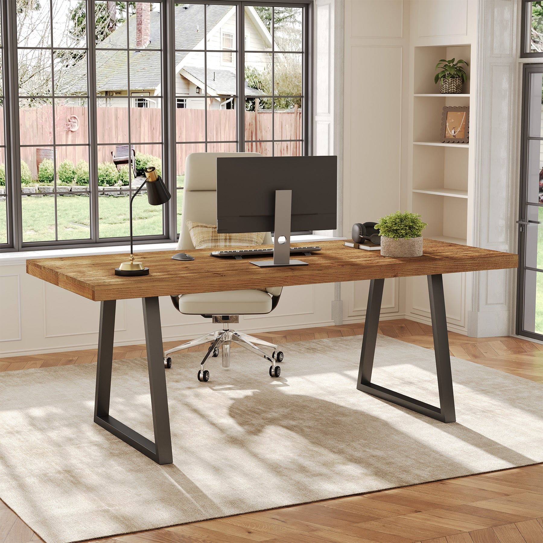 Tribesigns Industrieel Bureau van 160 cm, Massief Houten Blad en Stevige Metalen Poten