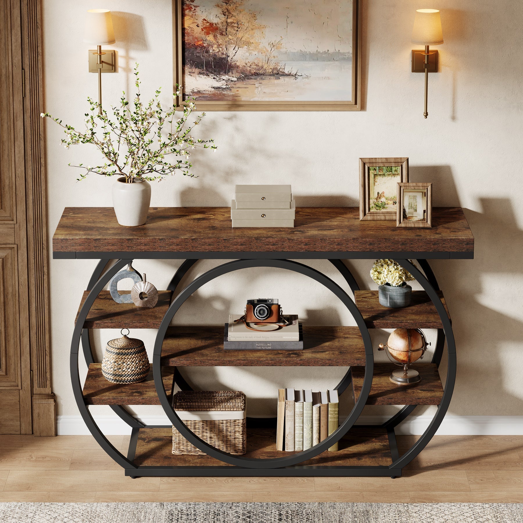Tribesigns Console van 120 cm, Industriële 5-laagse salontafel met metalen frame