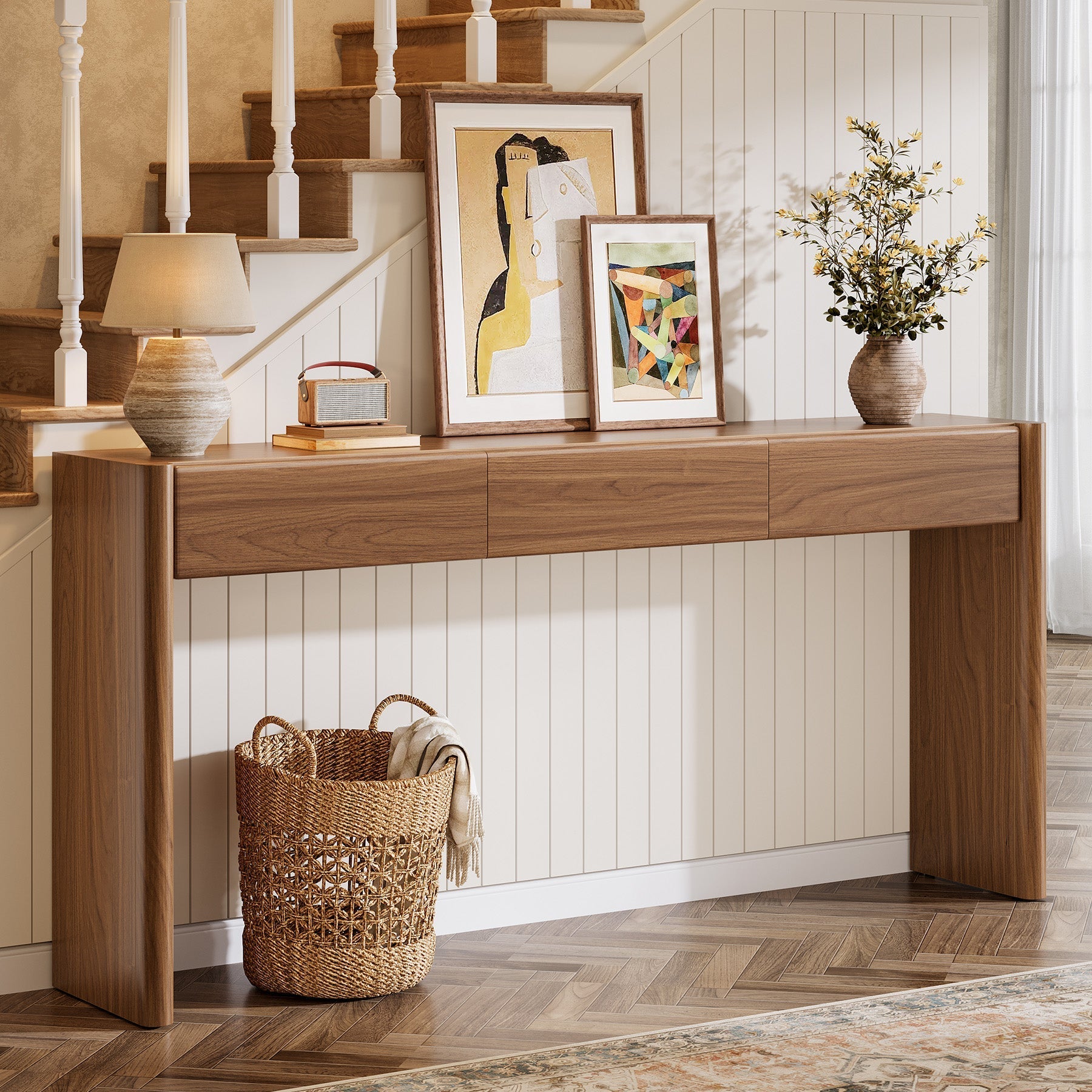 Tribesigns Console van 180 cm met 3 lades, Smalle vintage bruine haltafel houten bijzettafel met plank