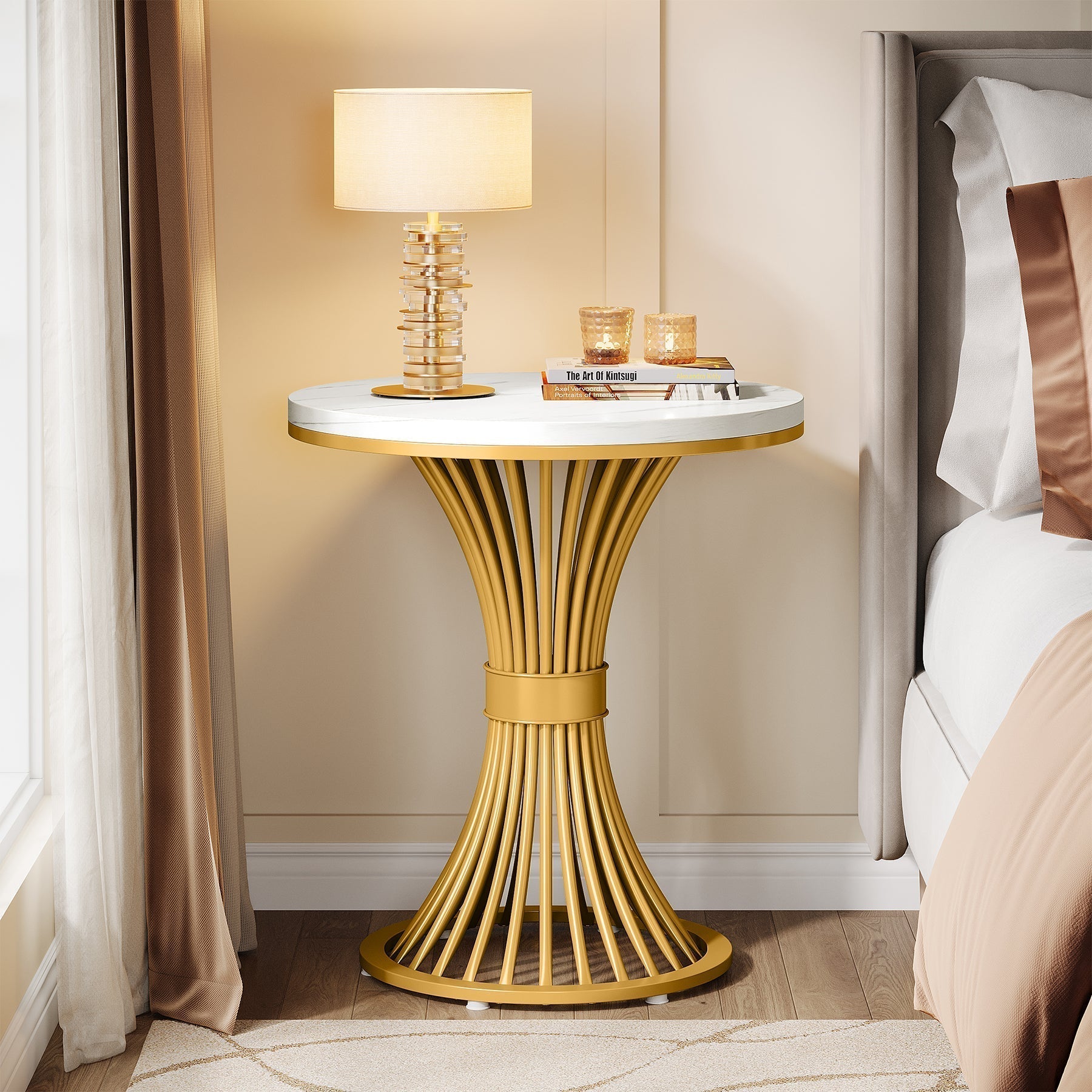 Tribesigns Table d'appoint ronde 51 cm avec plateau effet marbre, Table d'appoint blanche et piètement en métal doré