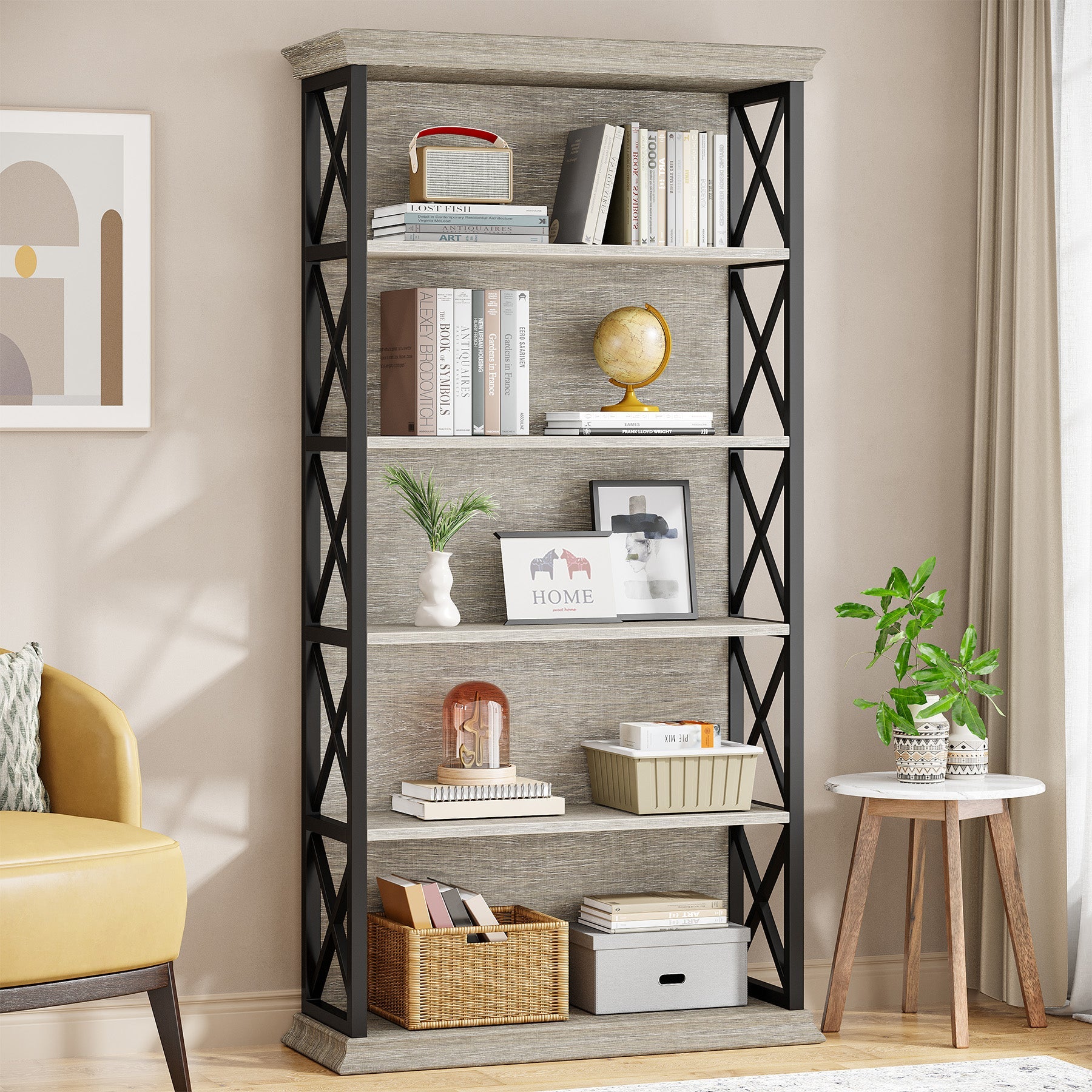 Tribesigns Bibliothèque muralle, Étagère d'affichage en bois à 5 niveaux avec cadre en métal