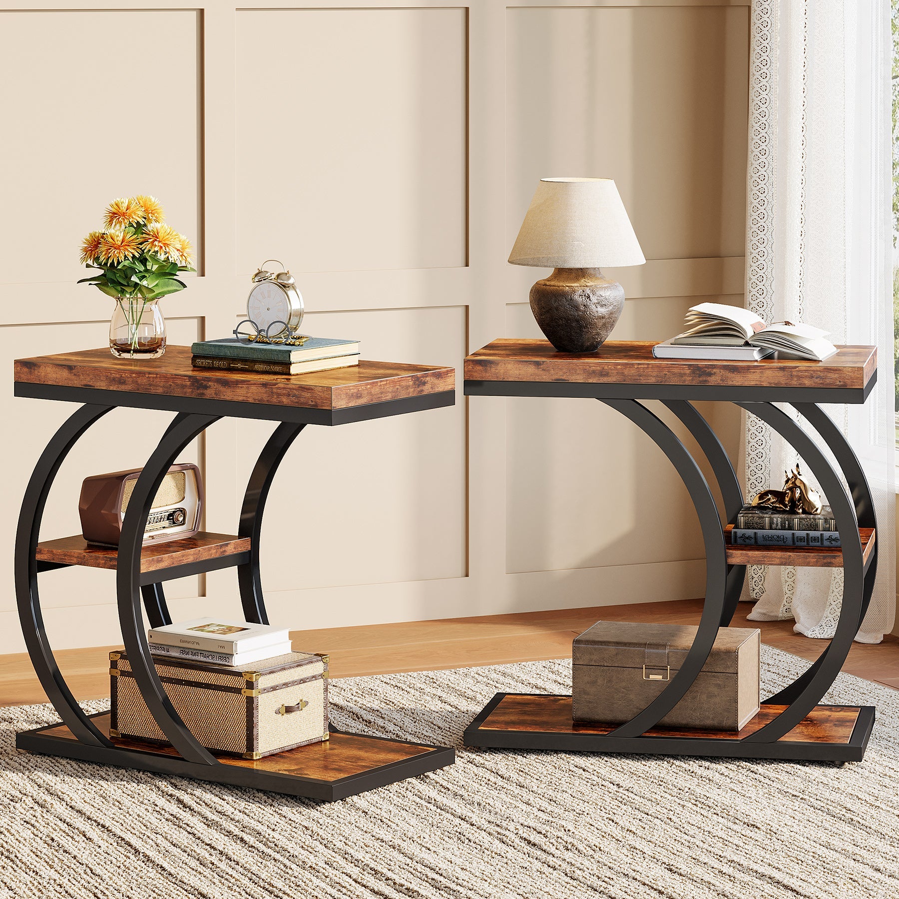 Tribesigns Table d'appoint 3 niveaux 60 cm, Table d'appoint design industriel en forme de C