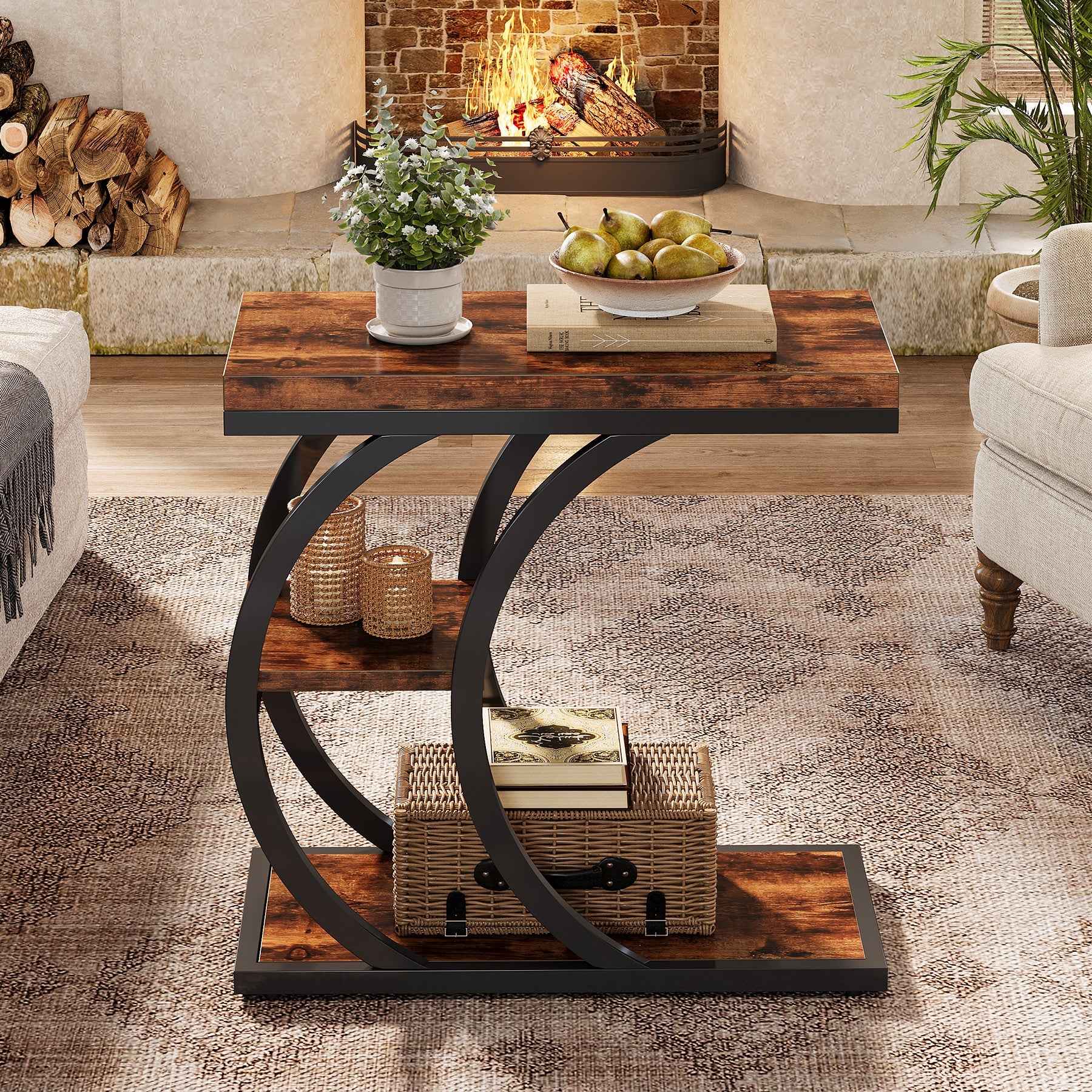 Tribesigns Table d'appoint 3 niveaux 60 cm, Table d'appoint design industriel en forme de C