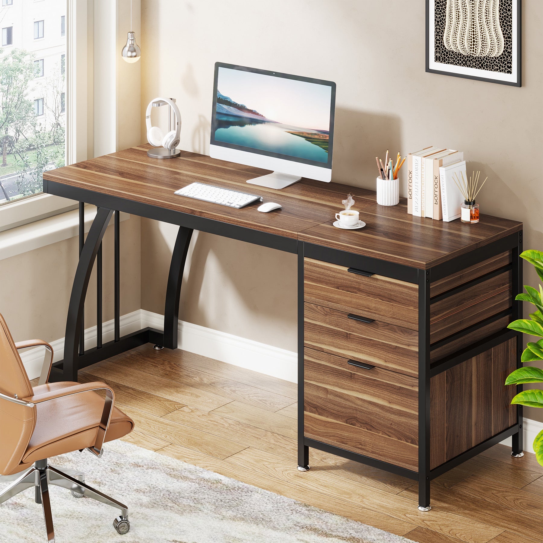 Tribesigns Bureau informatique industriel, Bureau 150 cm avec armoire à tiroirs réversible