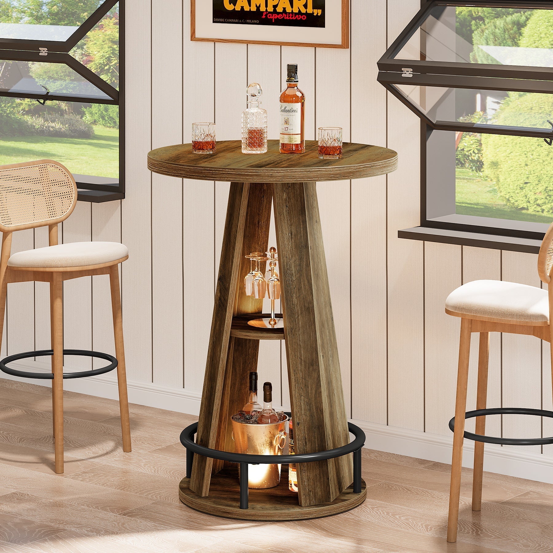 Tribesigns Ronde bartafel van 100 cm met opbergruimte, industriële bistrotafel voor woonkamer, bar, kleine ruimtes