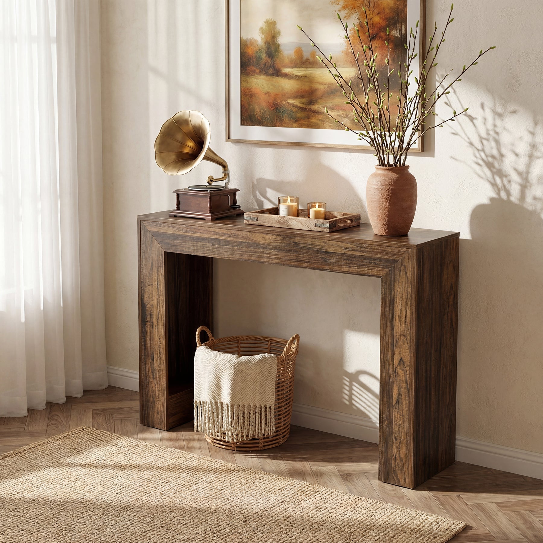 Tribesigns Smalle wandtafel van 105 cm, houtlook, stabiele consoletafel met dubbele poot voor hal en woonkamer