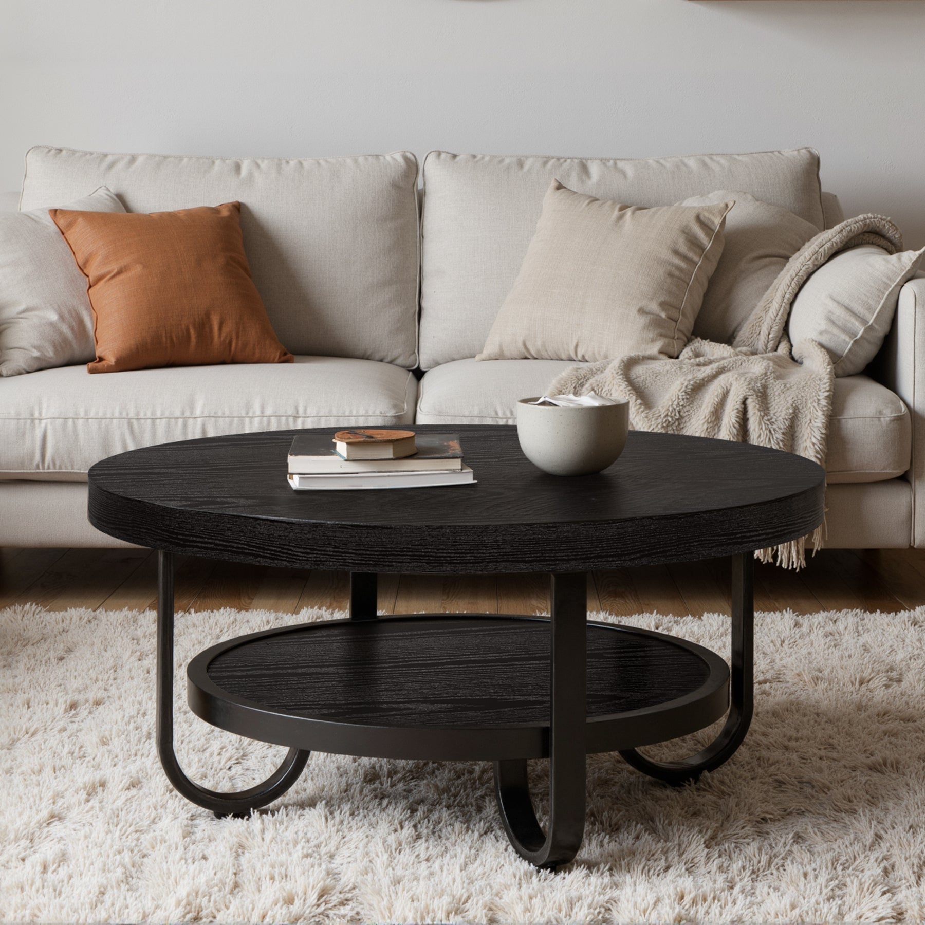Table basse Tribesigns à deux niveaux, Table centrale de 79 cm avec étagère de rangement
