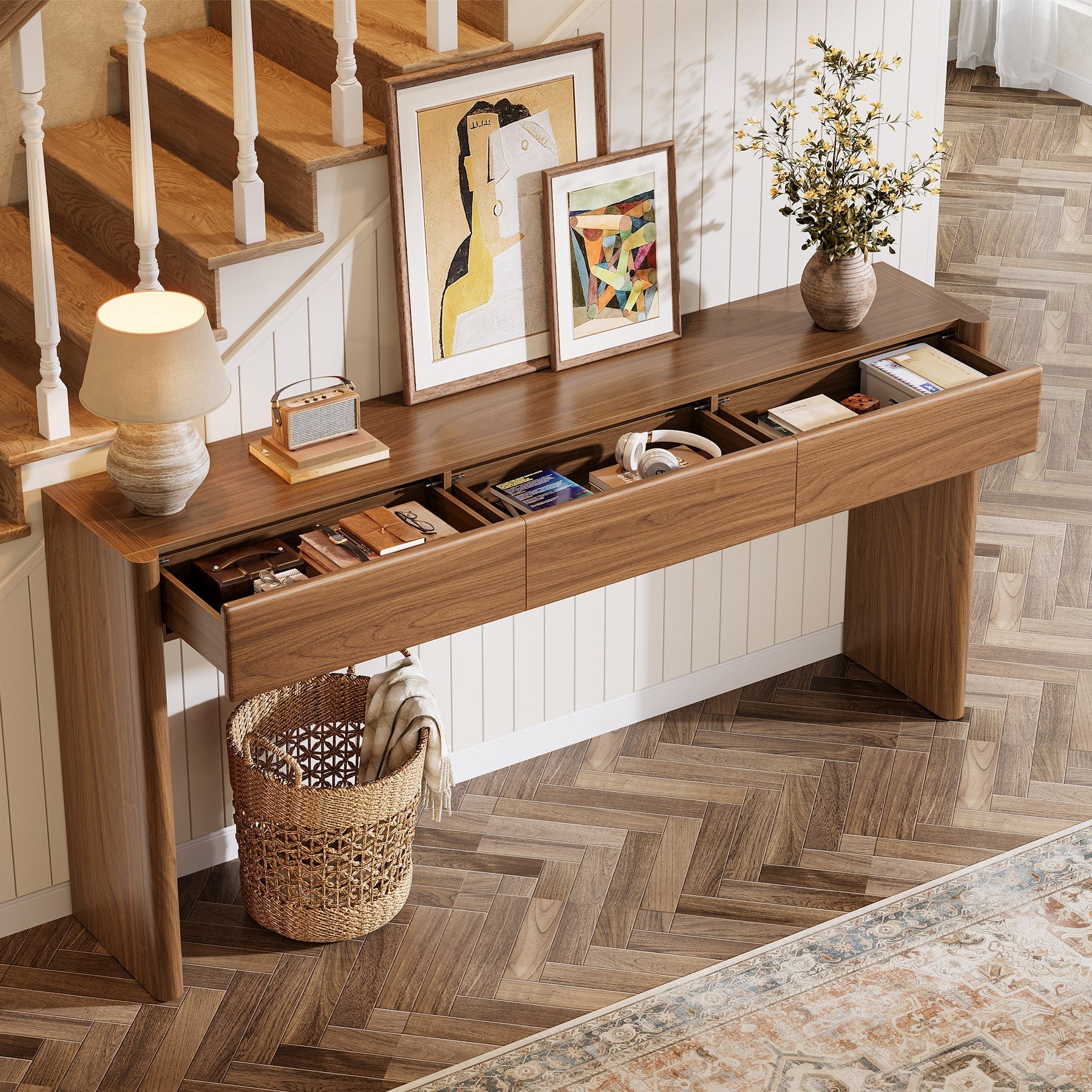 Tribesigns Console van 180 cm met 3 lades, Smalle vintage bruine haltafel houten bijzettafel met plank