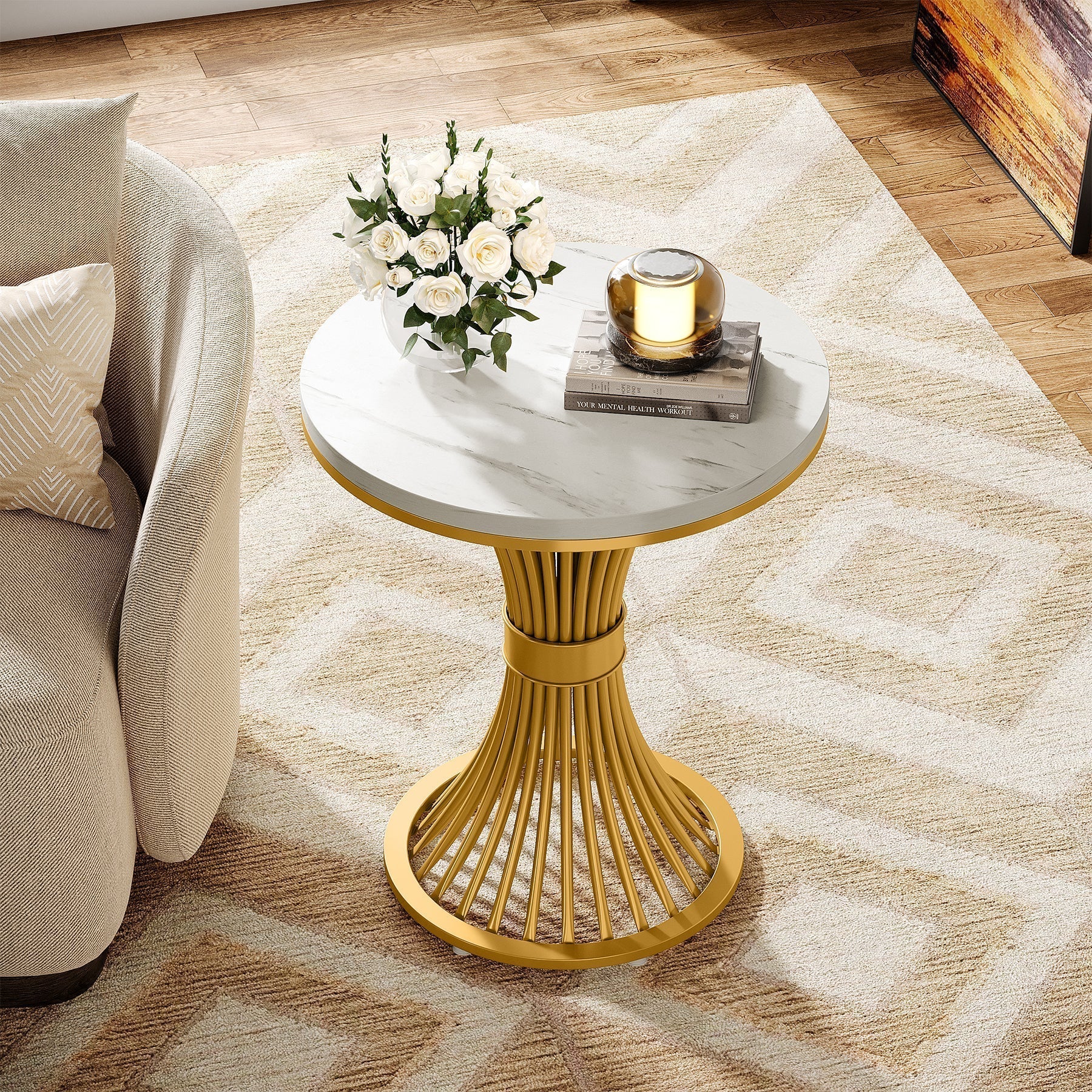 Tribesigns Table d'appoint ronde 51 cm avec plateau effet marbre, Table d'appoint blanche et piètement en métal doré