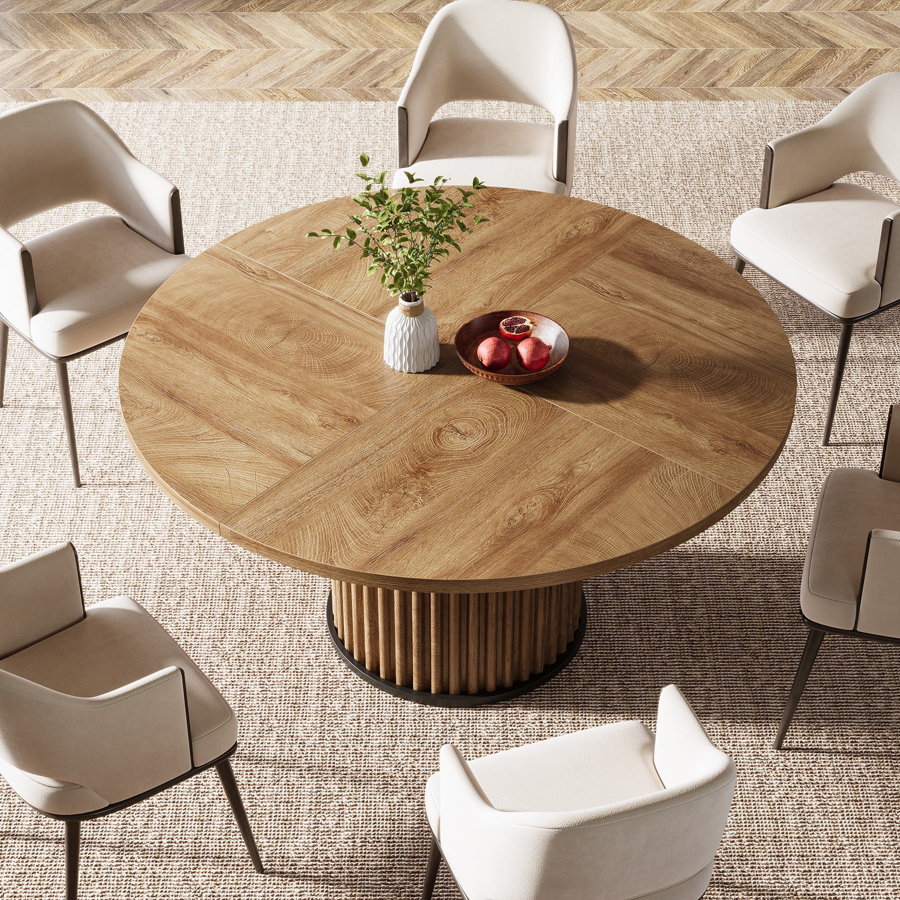 Tribesigns Table à manger ronde de 120 cm, Table de cuisine en bois avec base en métal rainuré robuste