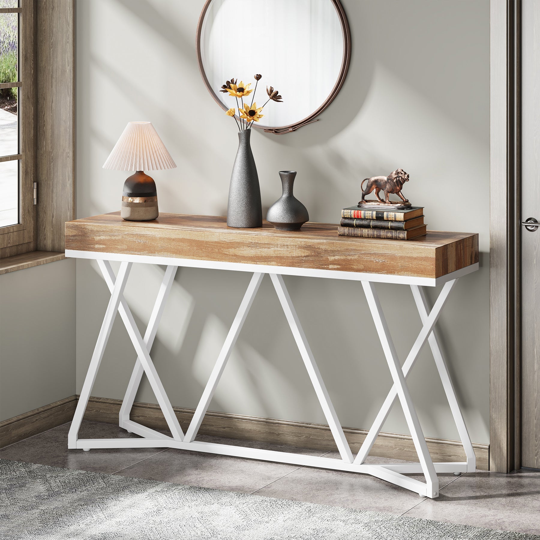 Tribesigns Houten Consoletafel, Entreeconsole met Unieke Metalen Basis, Lage Tafel
