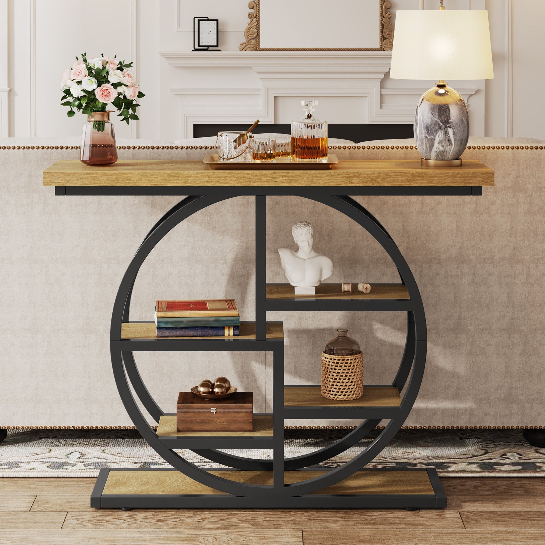Tribesigns Table console de 100 cm, Table de canapé étroite à 6 niveaux avec étagères circulaires