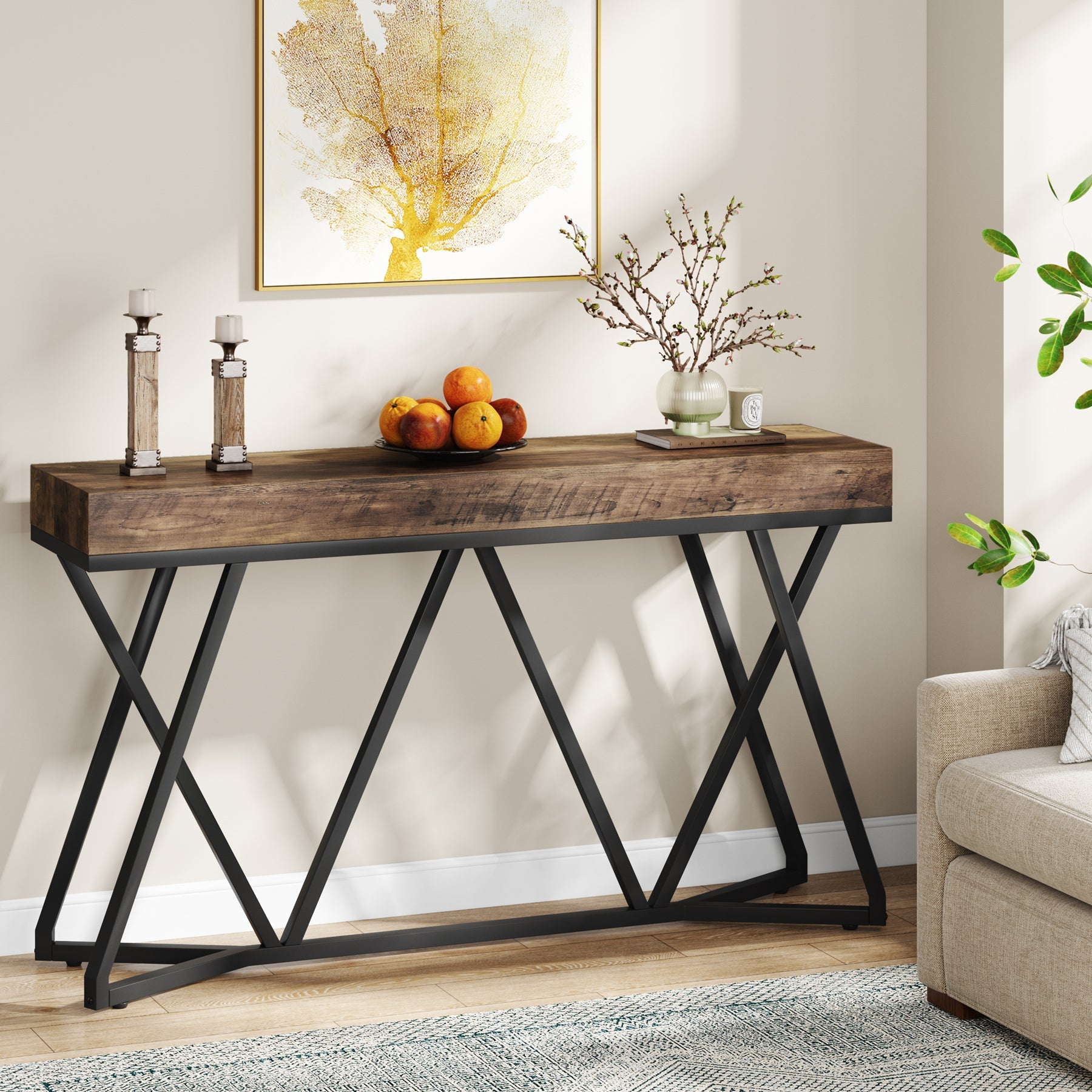 Tribesigns Houten Consoletafel, Entreeconsole met Unieke Metalen Basis, Lage Tafel