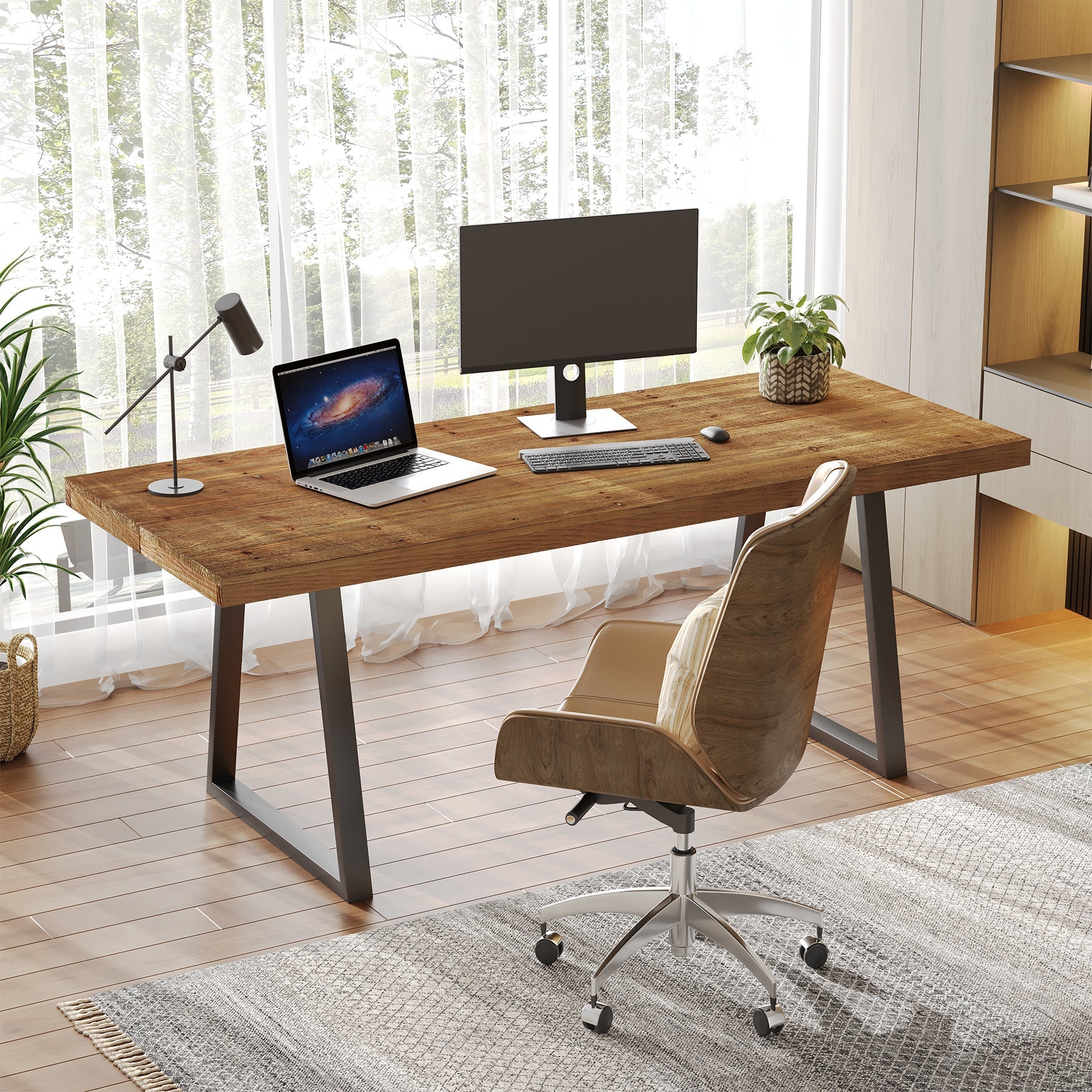 Tribesigns Industrieel Bureau van 160 cm, Massief Houten Blad en Stevige Metalen Poten