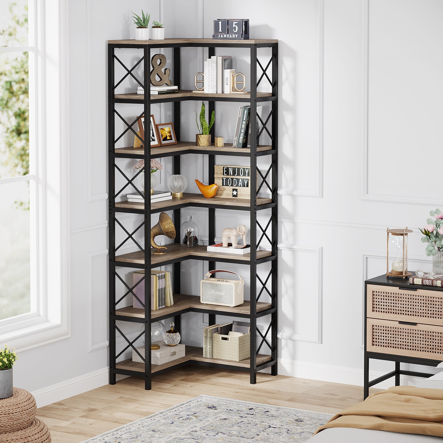 Tribesigns Hoekboekenkast, wandplank van metaal en hout voor boekenkast