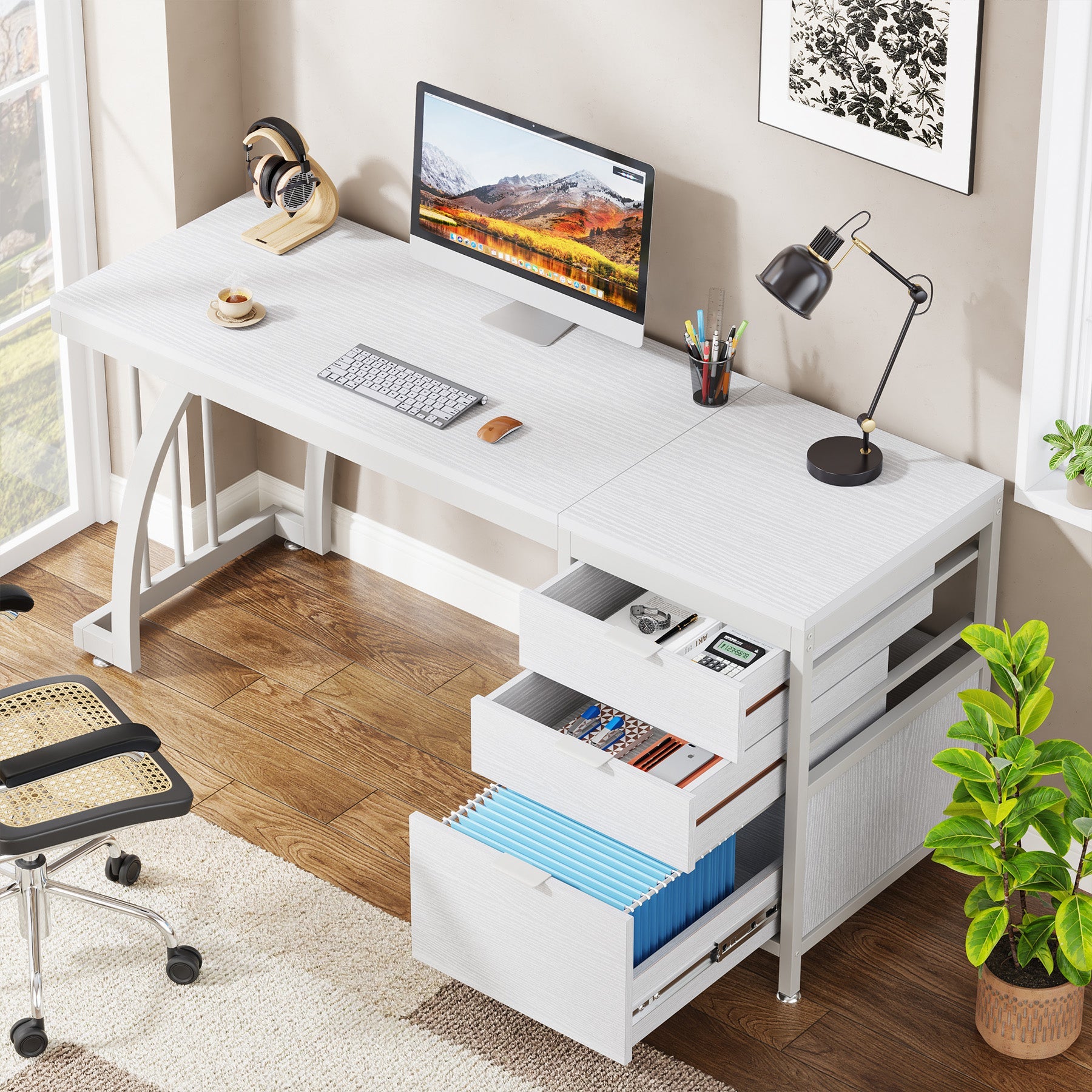 Tribesigns Bureau informatique industriel, Bureau 150 cm avec armoire à tiroirs réversible