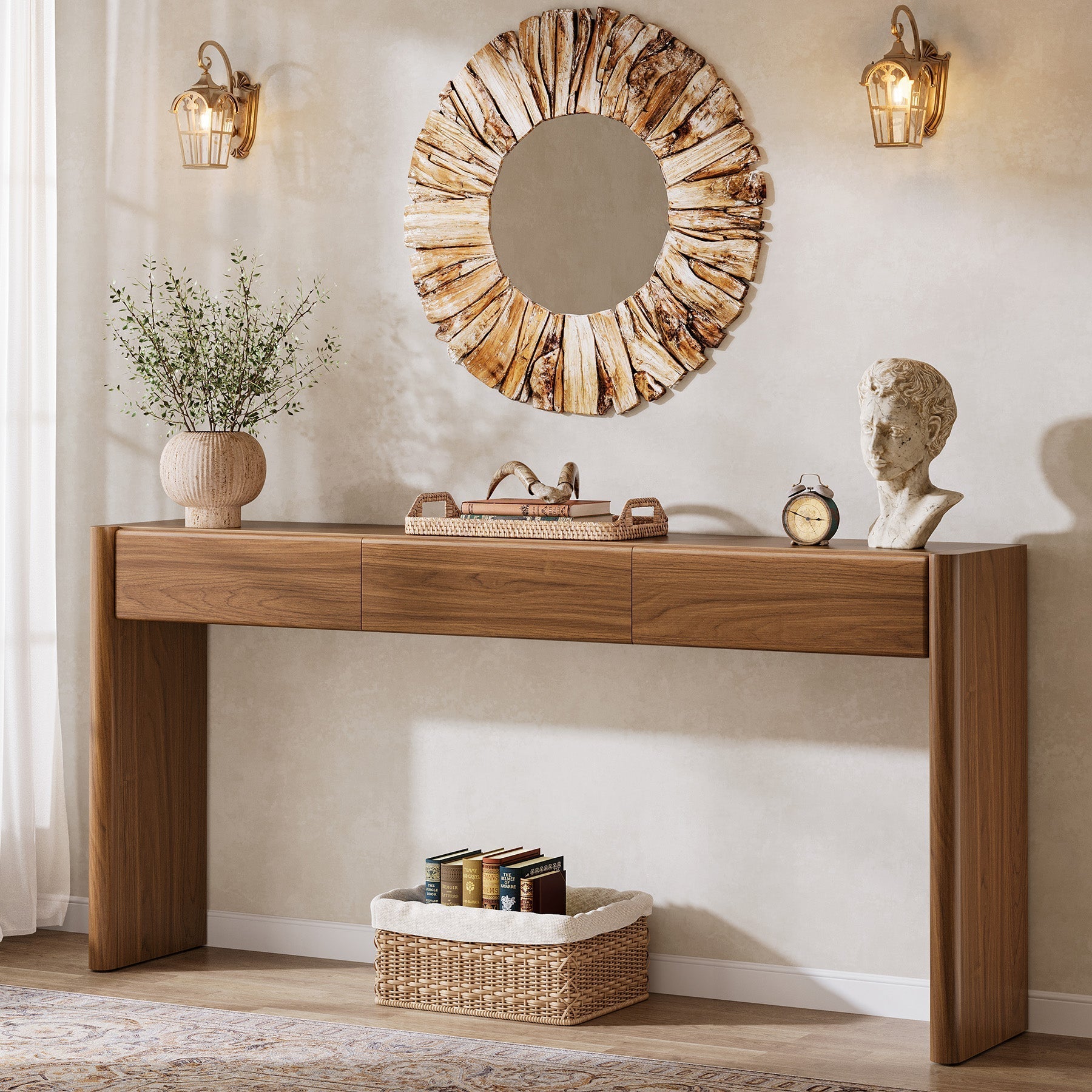 Tribesigns Console van 180 cm met 3 lades, Smalle vintage bruine haltafel houten bijzettafel met plank