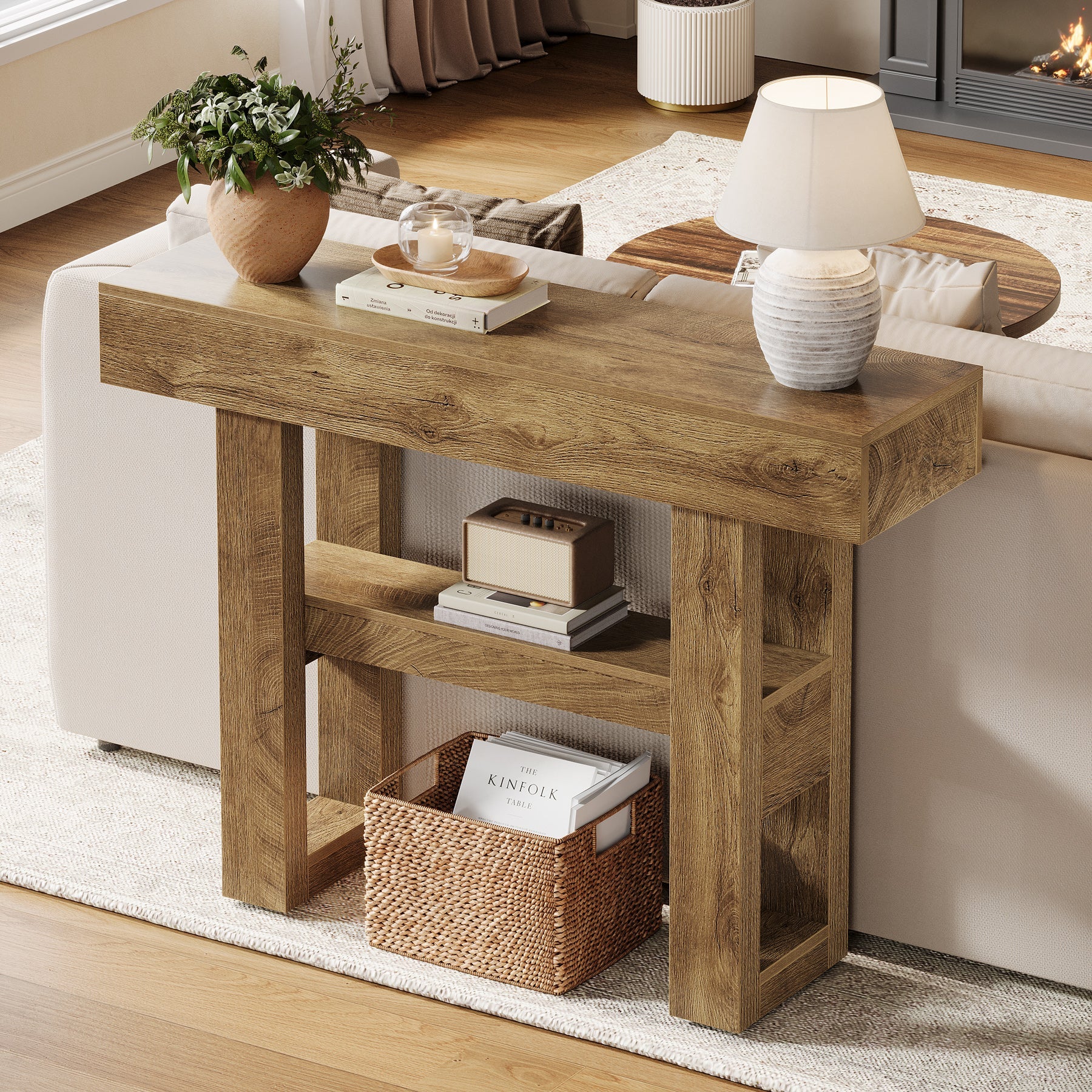 Tribesigns Farmhouse Table console étroite à 2 niveaux, Meuble d'entrée avec compartiments de rangement