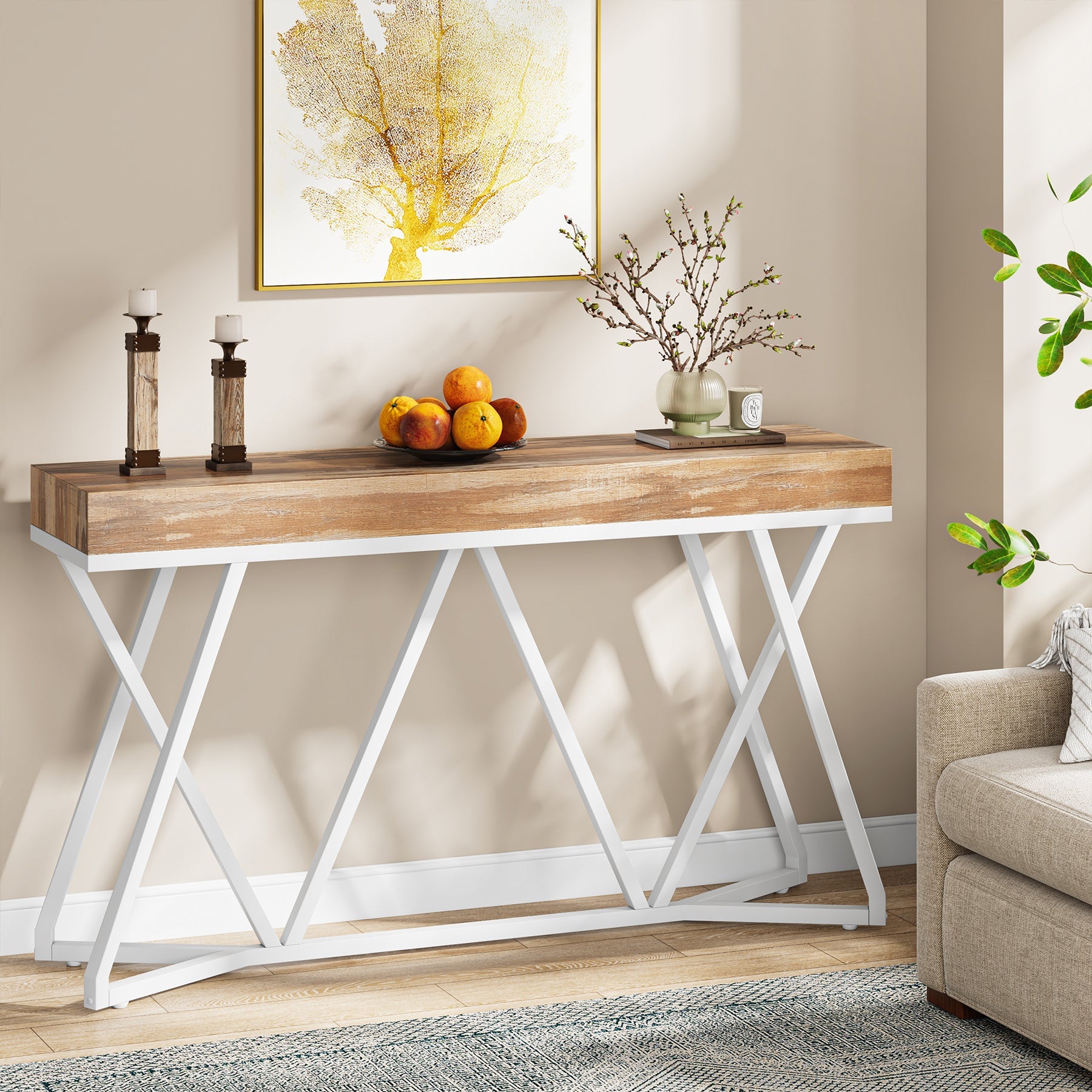 Tribesigns Houten Consoletafel, Entreeconsole met Unieke Metalen Basis, Lage Tafel