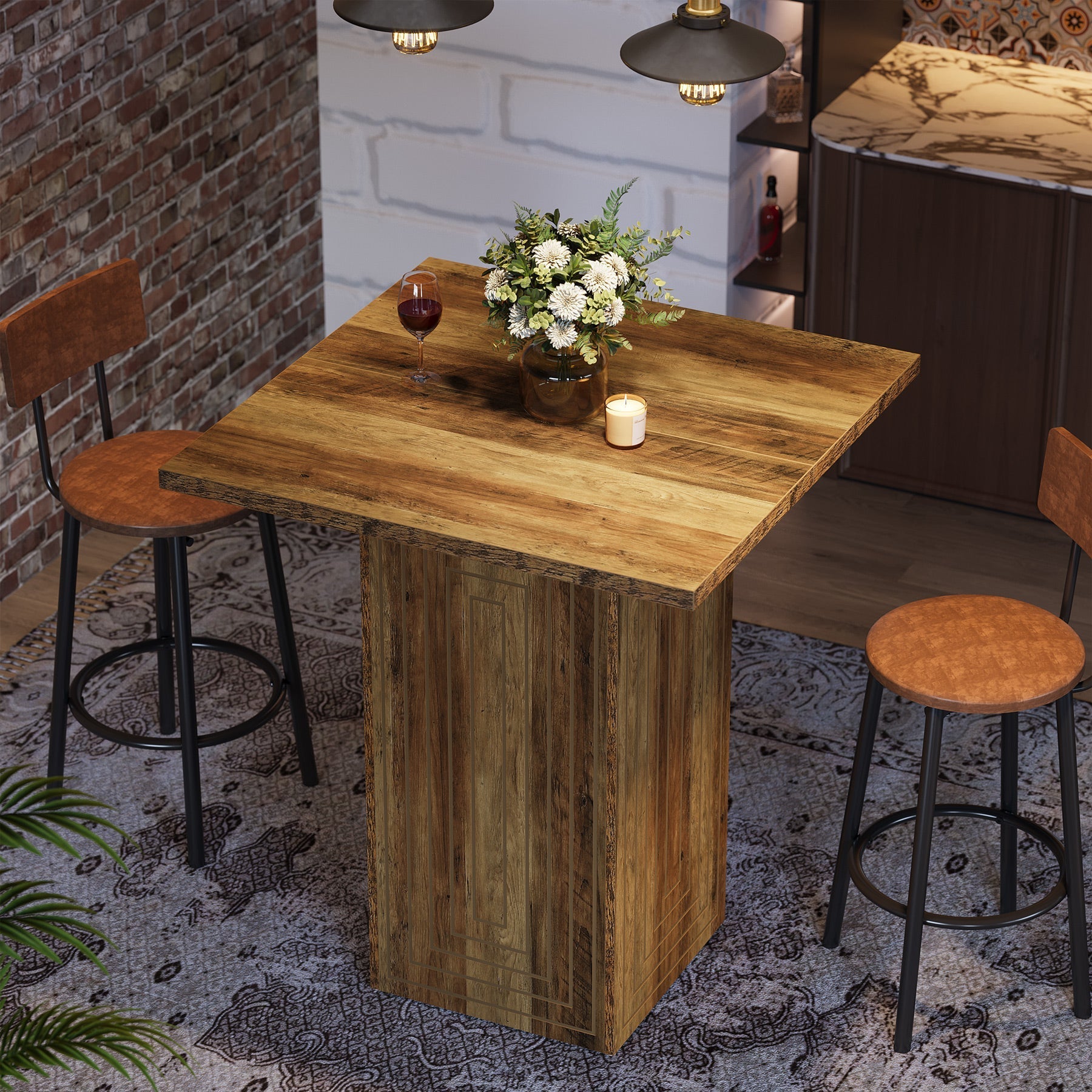 Tribesigns Table de bar carrée de style campagnard de 79 cm avec motif géométrique pour la cuisine et le salon