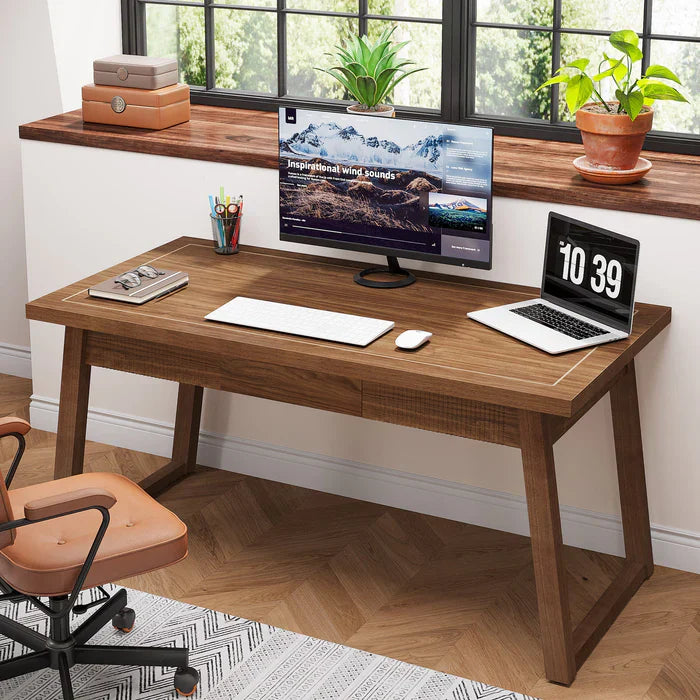 Tribesigns Bureau d'ordinateur en bois de 140 cm, Table de travail moderne du milieu du siècle avec tiroir