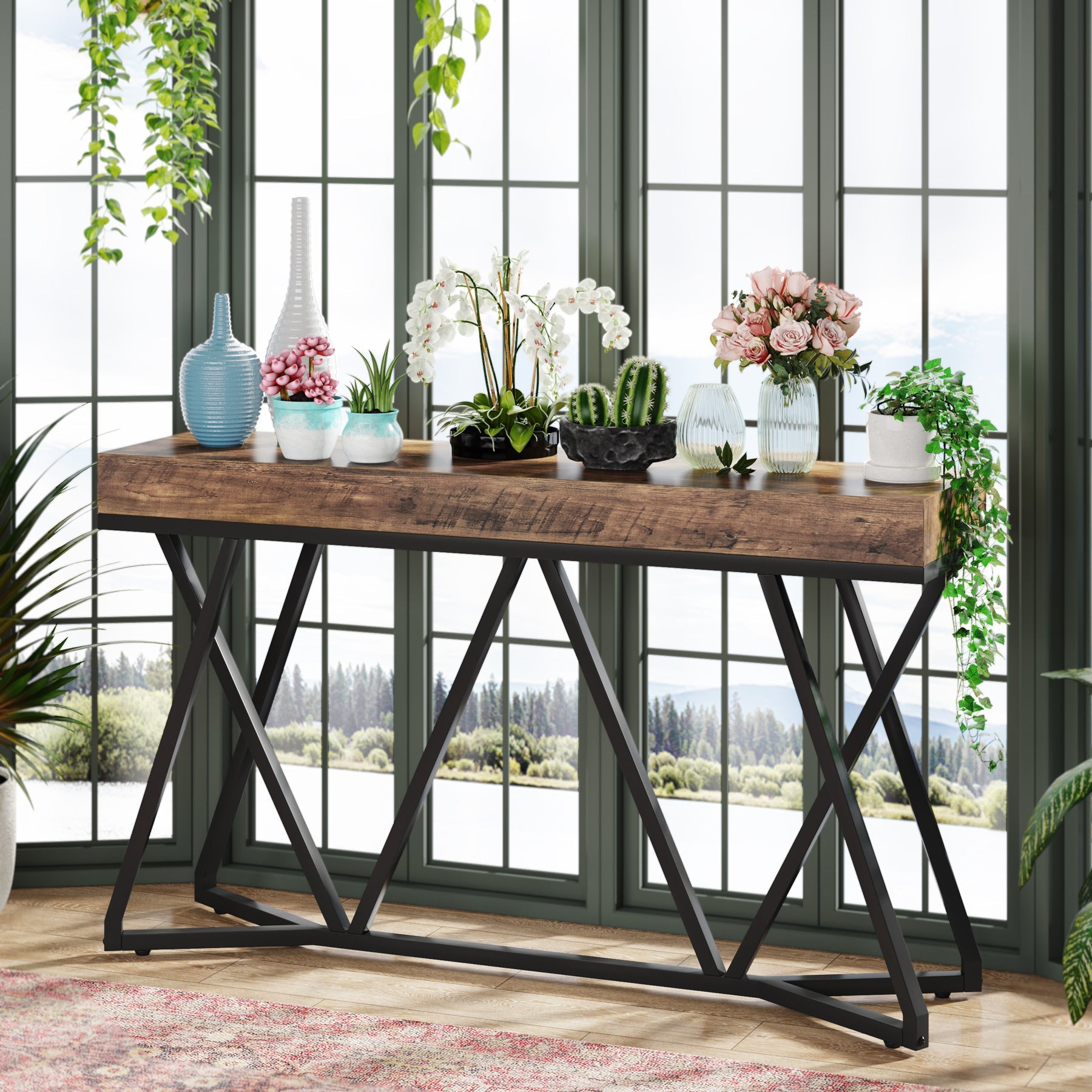 Tribesigns Houten Consoletafel, Entreeconsole met Unieke Metalen Basis, Lage Tafel