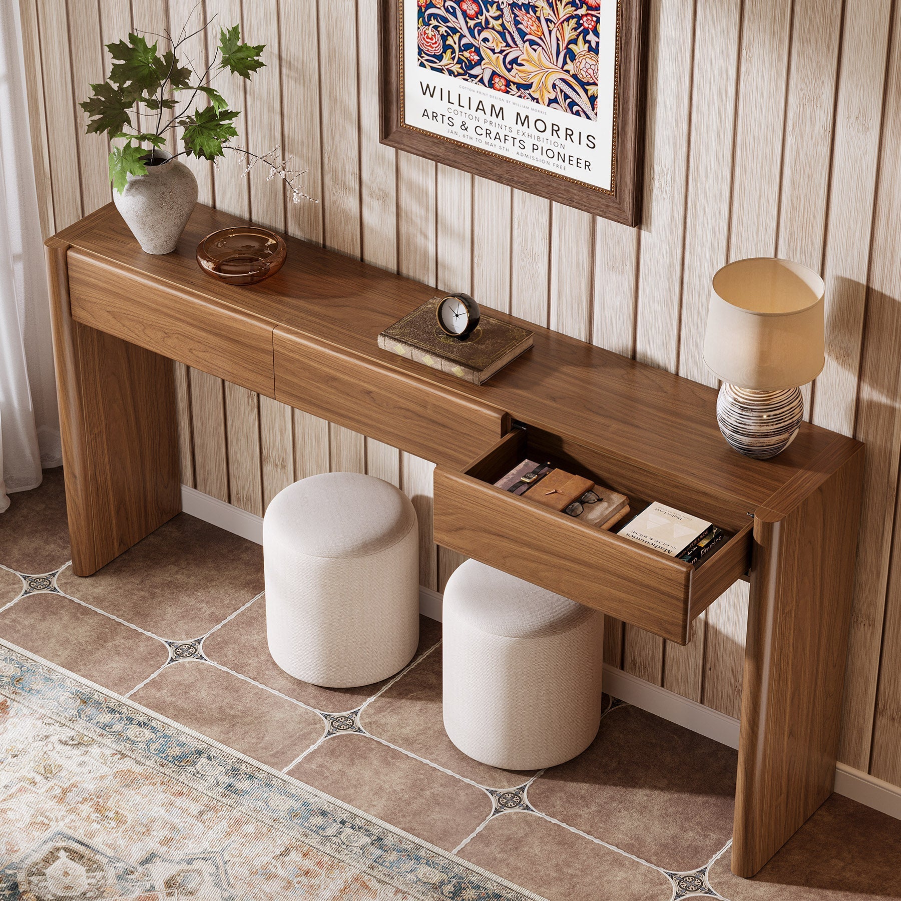 Tribesigns Console van 180 cm met 3 lades, Smalle vintage bruine haltafel houten bijzettafel met plank