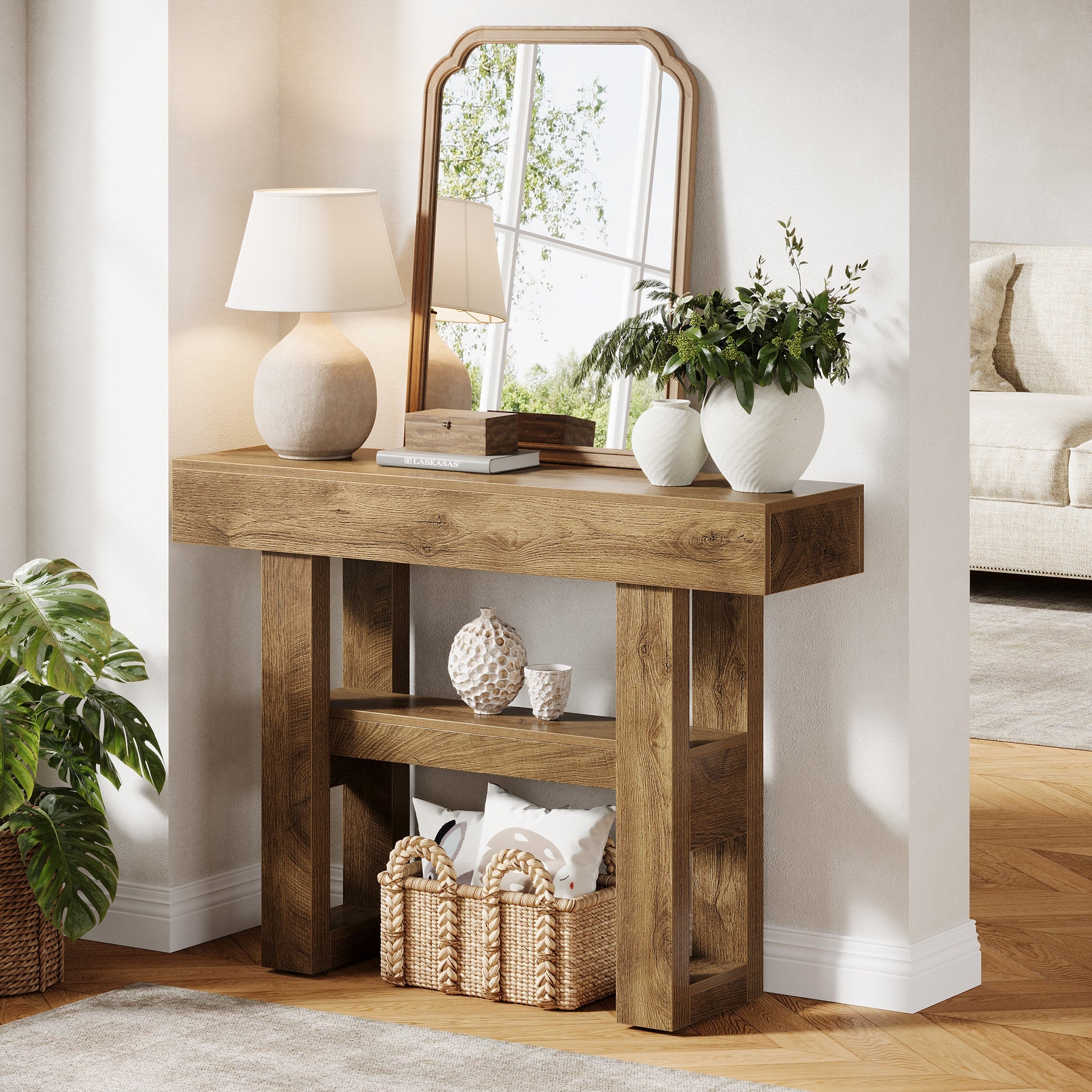 Tribesigns Farmhouse Table console étroite à 2 niveaux, Meuble d'entrée avec compartiments de rangement