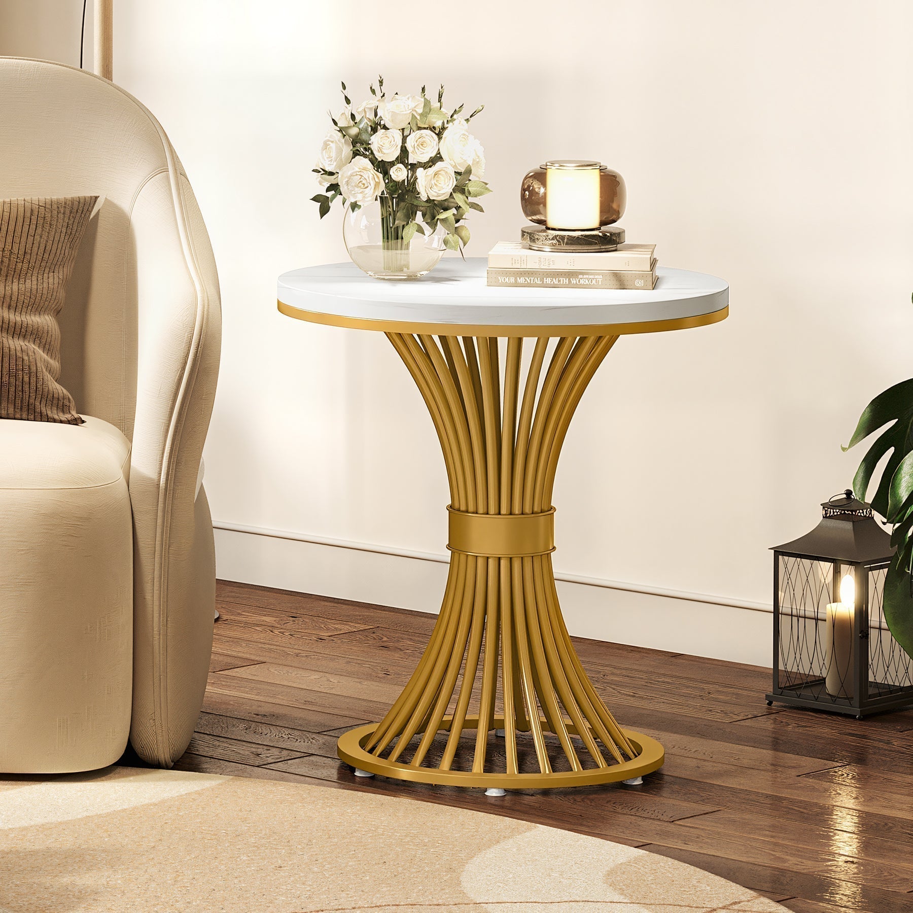 Tribesigns Table d'appoint ronde 51 cm avec plateau effet marbre, Table d'appoint blanche et piètement en métal doré