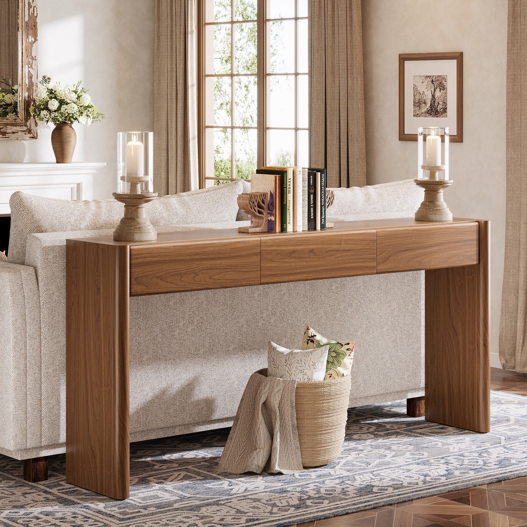 Tribesigns Console van 180 cm met 3 lades, Smalle vintage bruine haltafel houten bijzettafel met plank