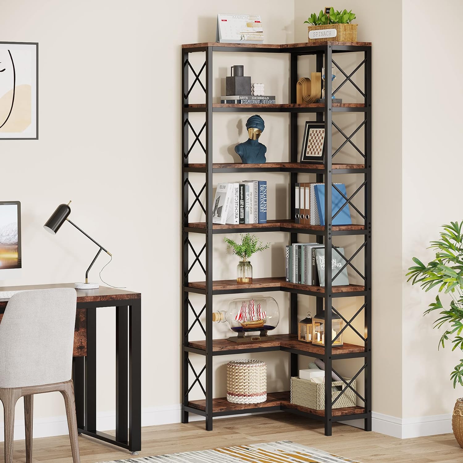 Tribesigns Hoekboekenkast, wandplank van metaal en hout voor boekenkast