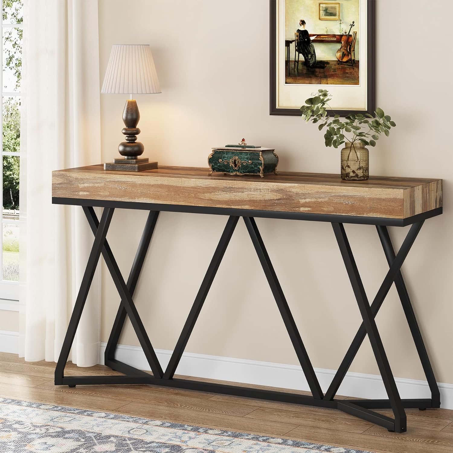 Tribesigns Houten Consoletafel, Entreeconsole met Unieke Metalen Basis, Lage Tafel