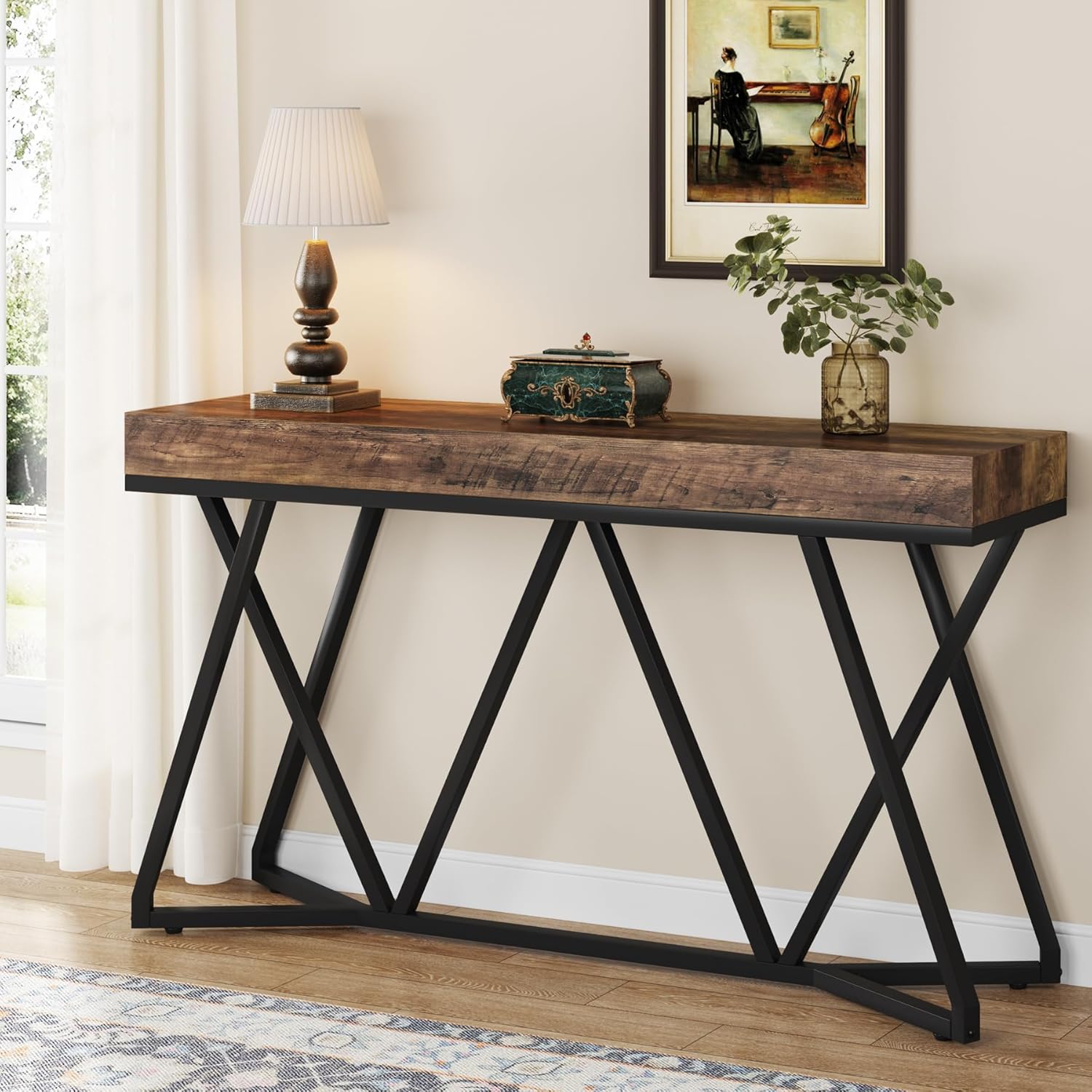 Tribesigns Houten Consoletafel, Entreeconsole met Unieke Metalen Basis, Lage Tafel