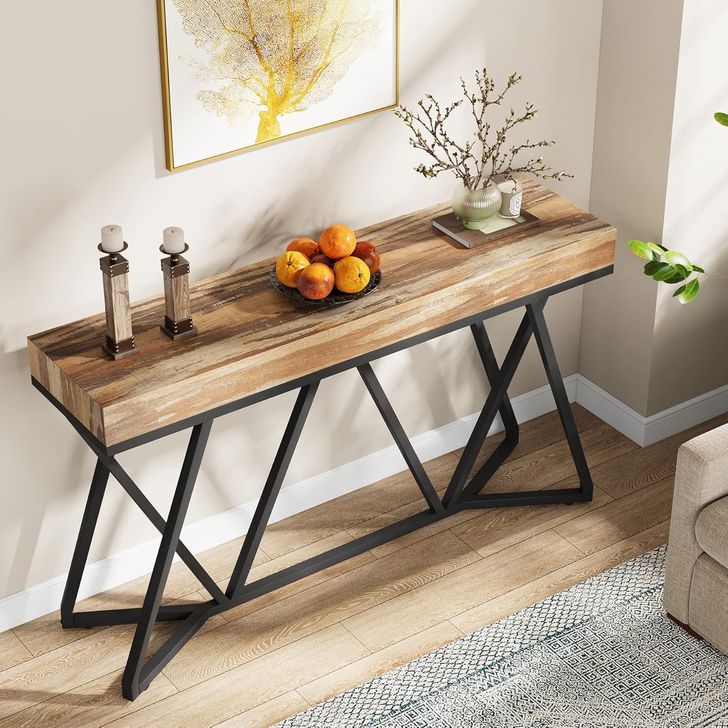 Tribesigns Houten Consoletafel, Entreeconsole met Unieke Metalen Basis, Lage Tafel