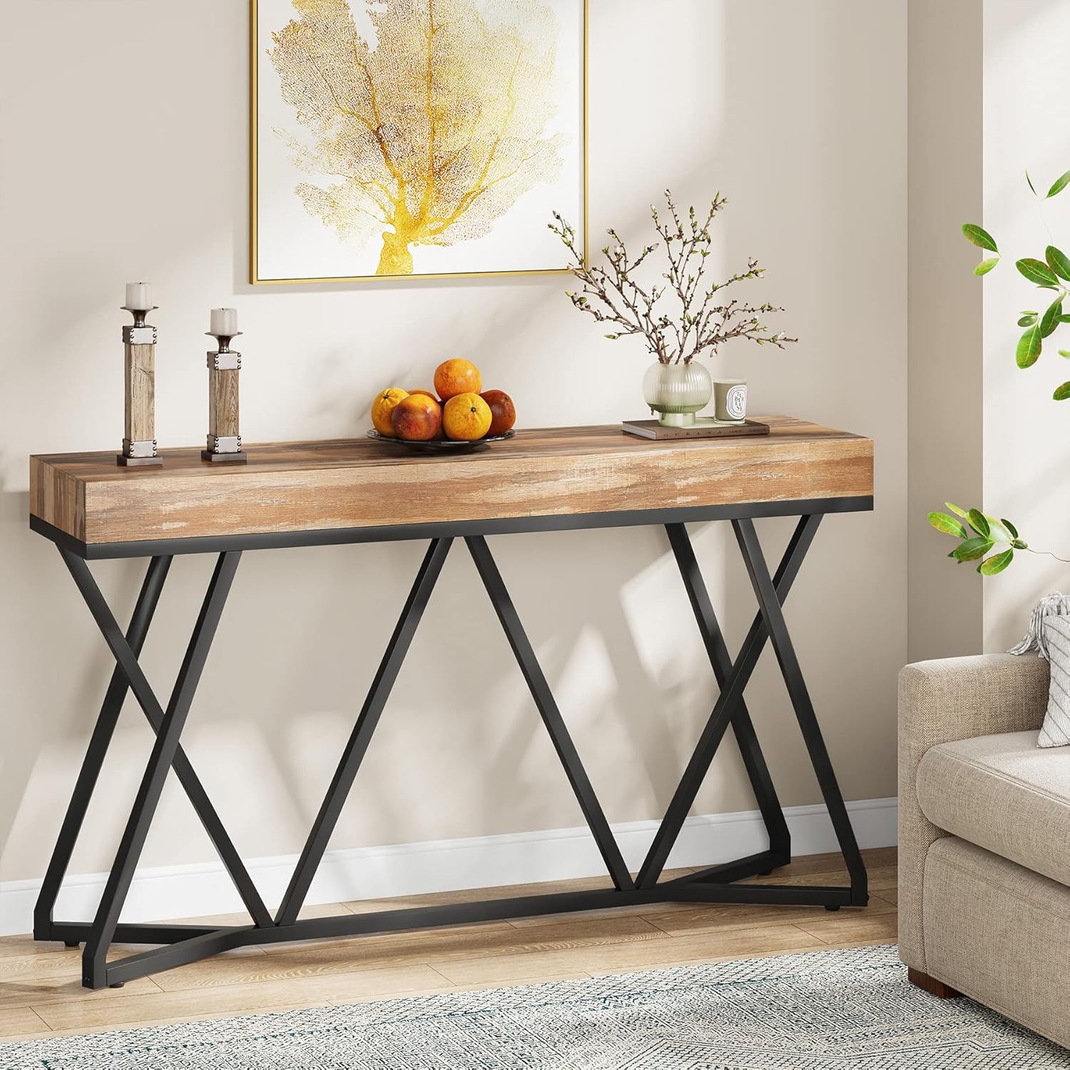Tribesigns Houten Consoletafel, Entreeconsole met Unieke Metalen Basis, Lage Tafel