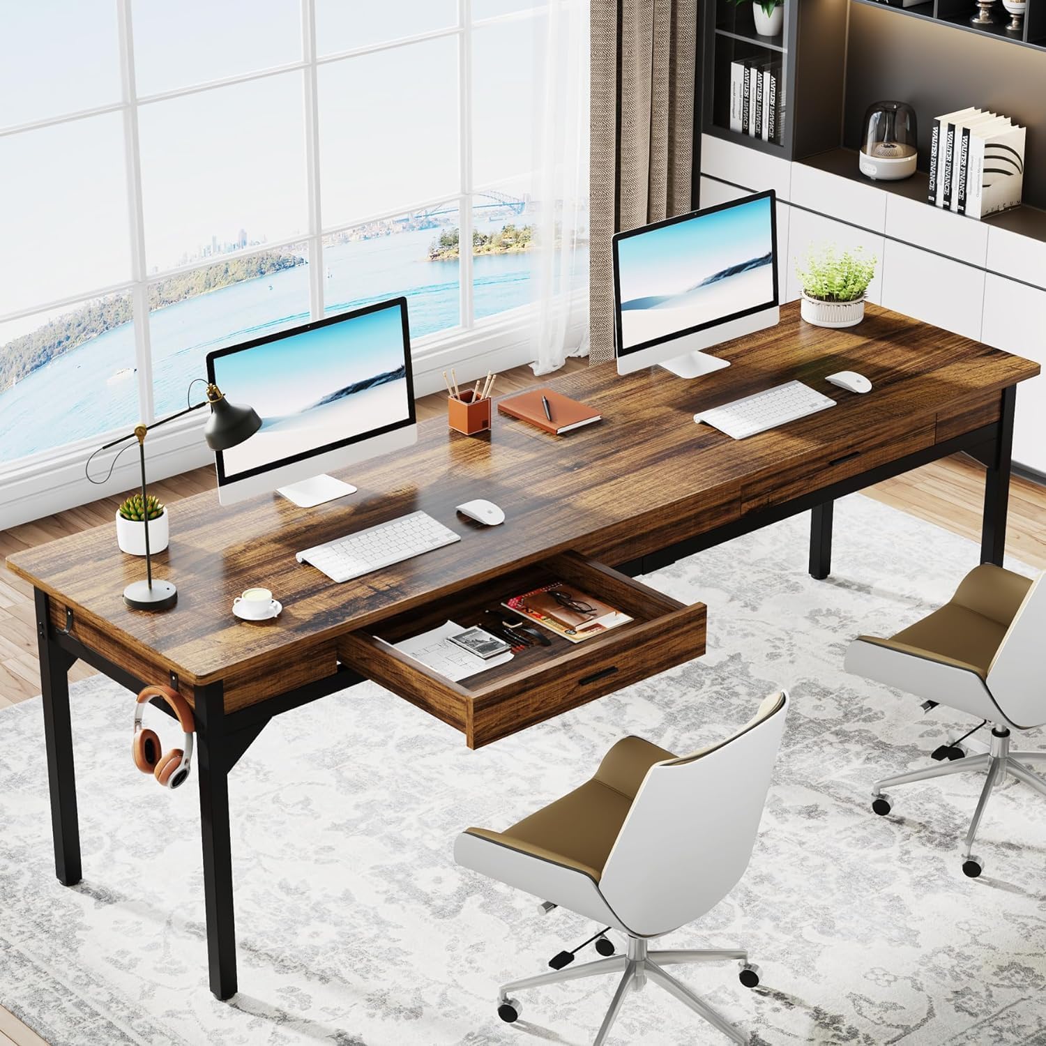 Tribesigns Extra Lang Computerbureau, Bureau voor Twee Personen met 2 Lades