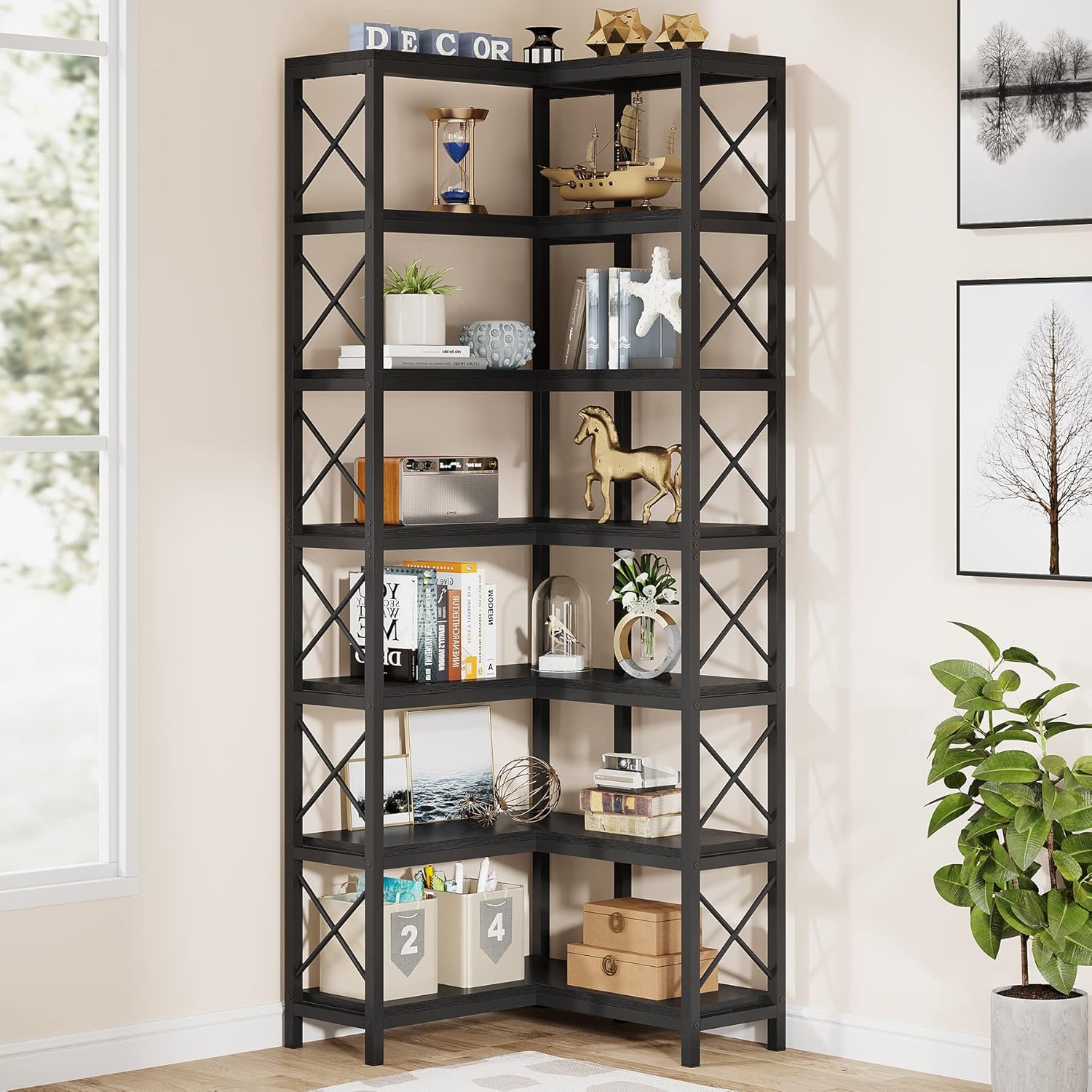 Tribesigns Hoekboekenkast, wandplank van metaal en hout voor boekenkast
