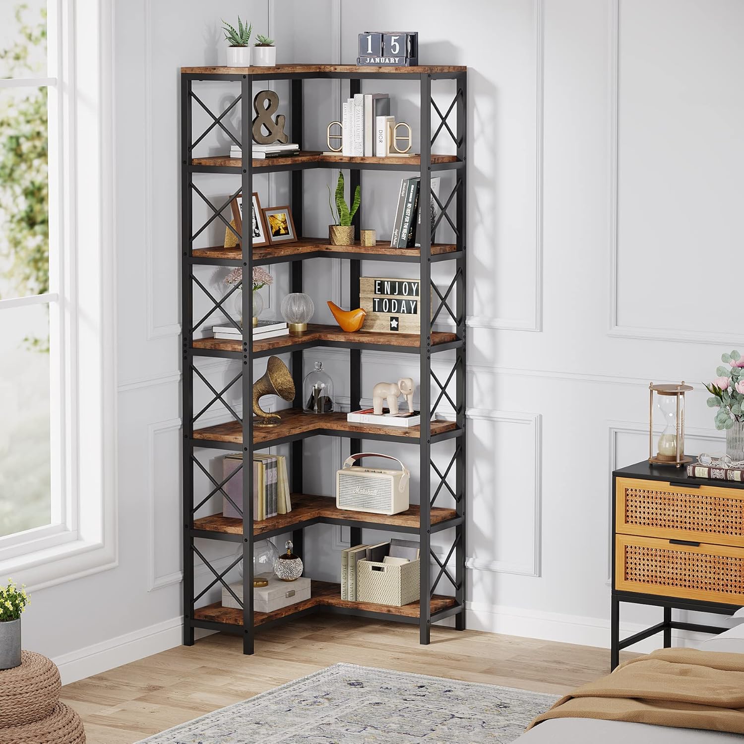 Tribesigns Hoekboekenkast, wandplank van metaal en hout voor boekenkast