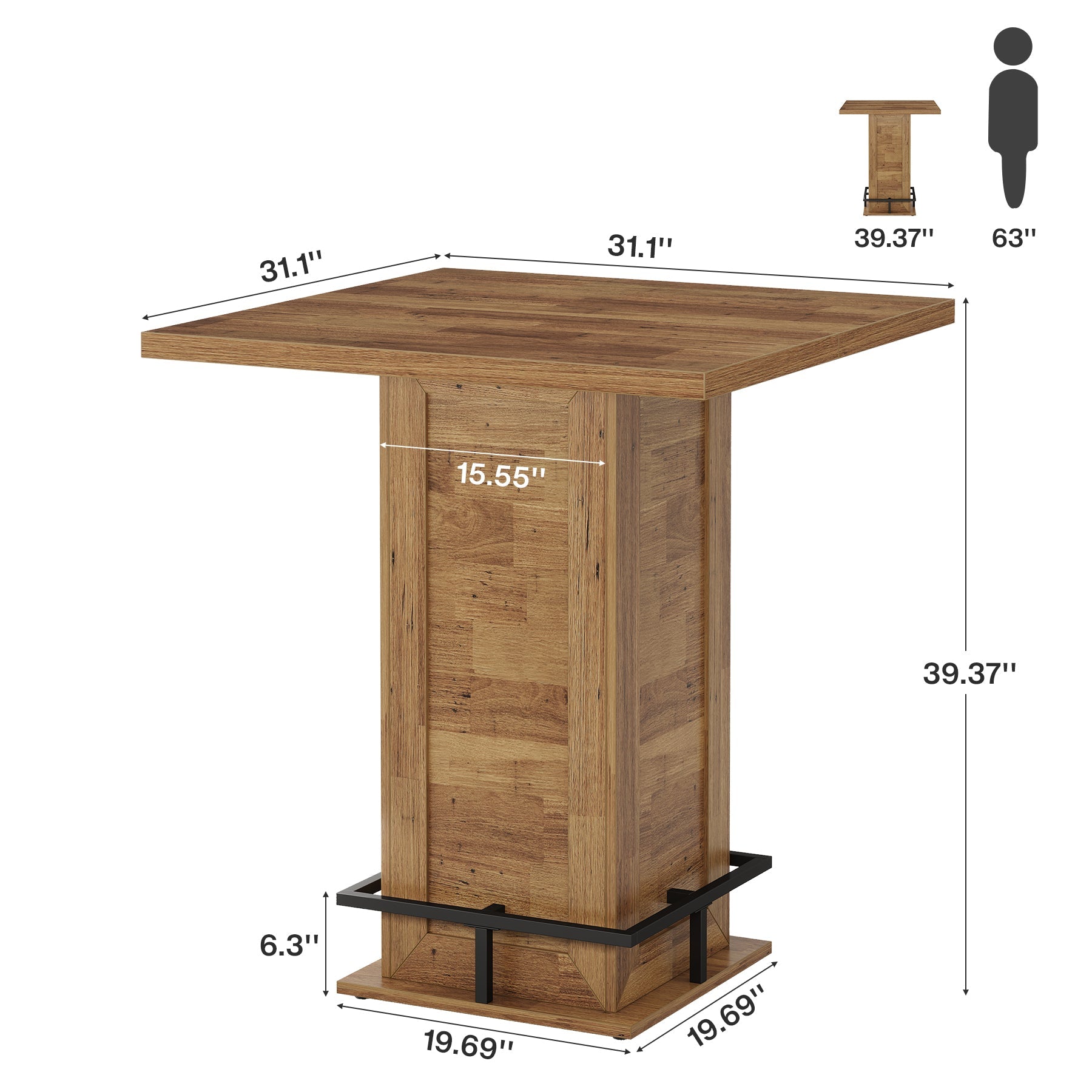 Tribesigns Table de Bar Haute 99 cm, Table Carrée de Bistro/Pub/Cocktail