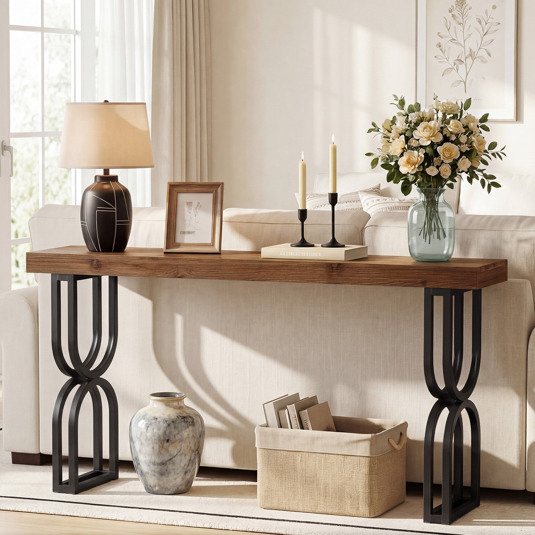 Tribesigns Massief Houten Console Tafel 150 cm, U-vormige Metalen Poten voor Hal