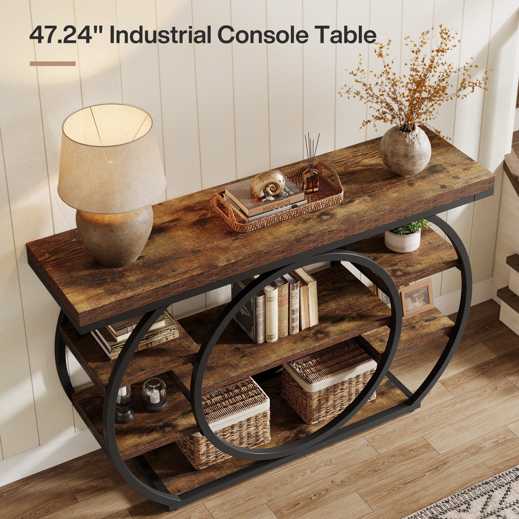 Tribesigns Console van 120 cm, Industriële 5-laagse salontafel met metalen frame