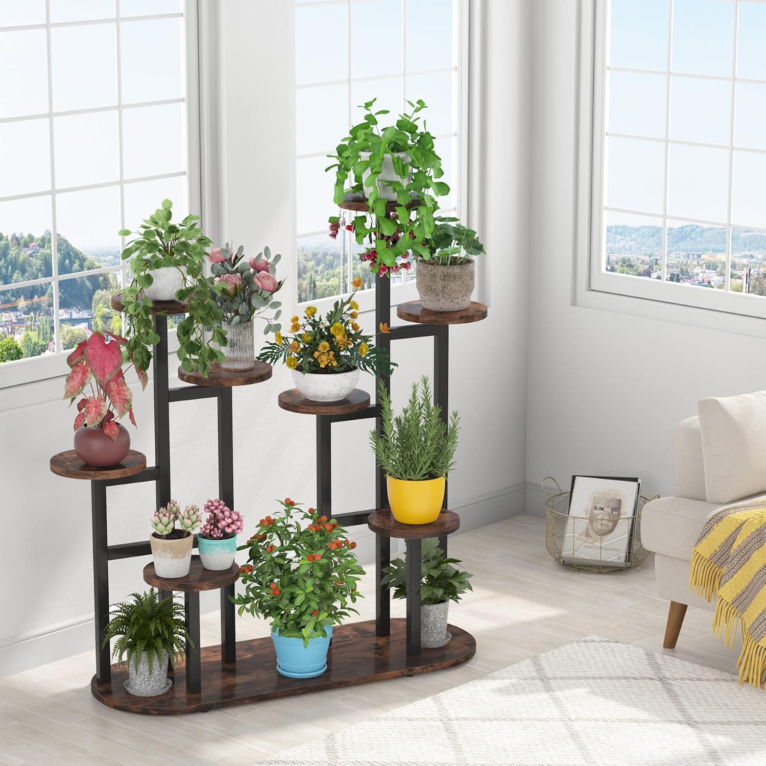 Étagère à Plantes Multifonction, Support pour 11 Pots de Jardinage Rustique