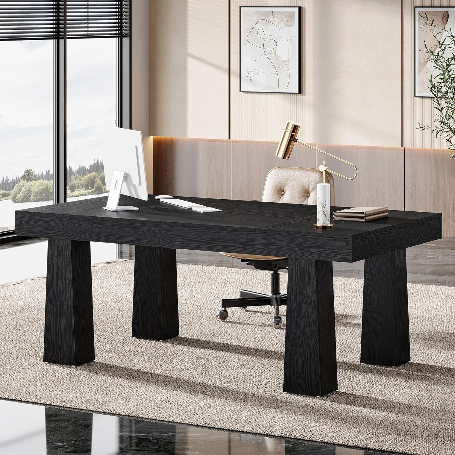 Tribesigns Computertafel 160 cm, Bureau in moderne industriële stijl met versterkte taps toelopende poten in zwart