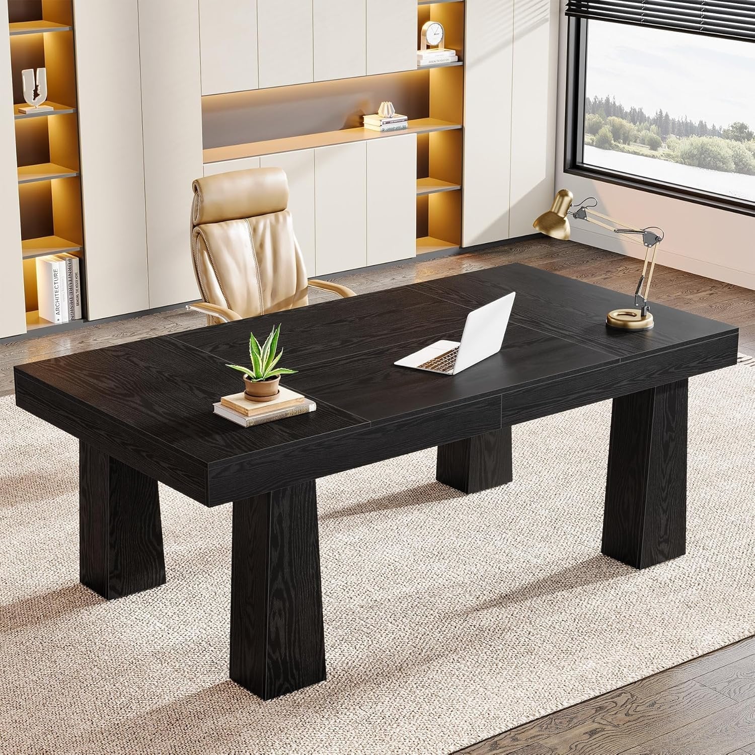 Tribesigns Computertafel 160 cm, Bureau in moderne industriële stijl met versterkte taps toelopende poten in zwart