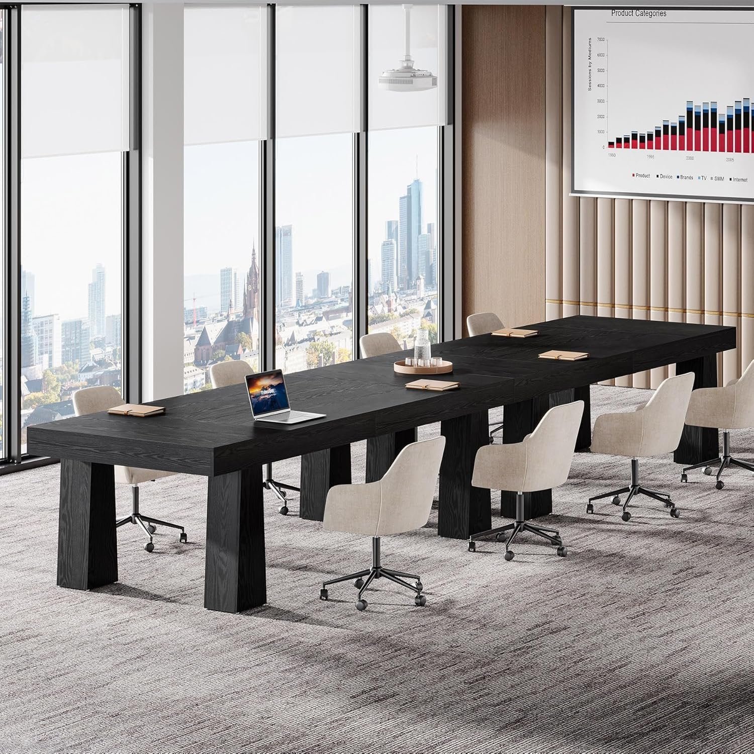 Tribesigns Vergadertafel van 160 cm, Moderne industriële vergadertafel met 4 zwarte taps toelopende poten