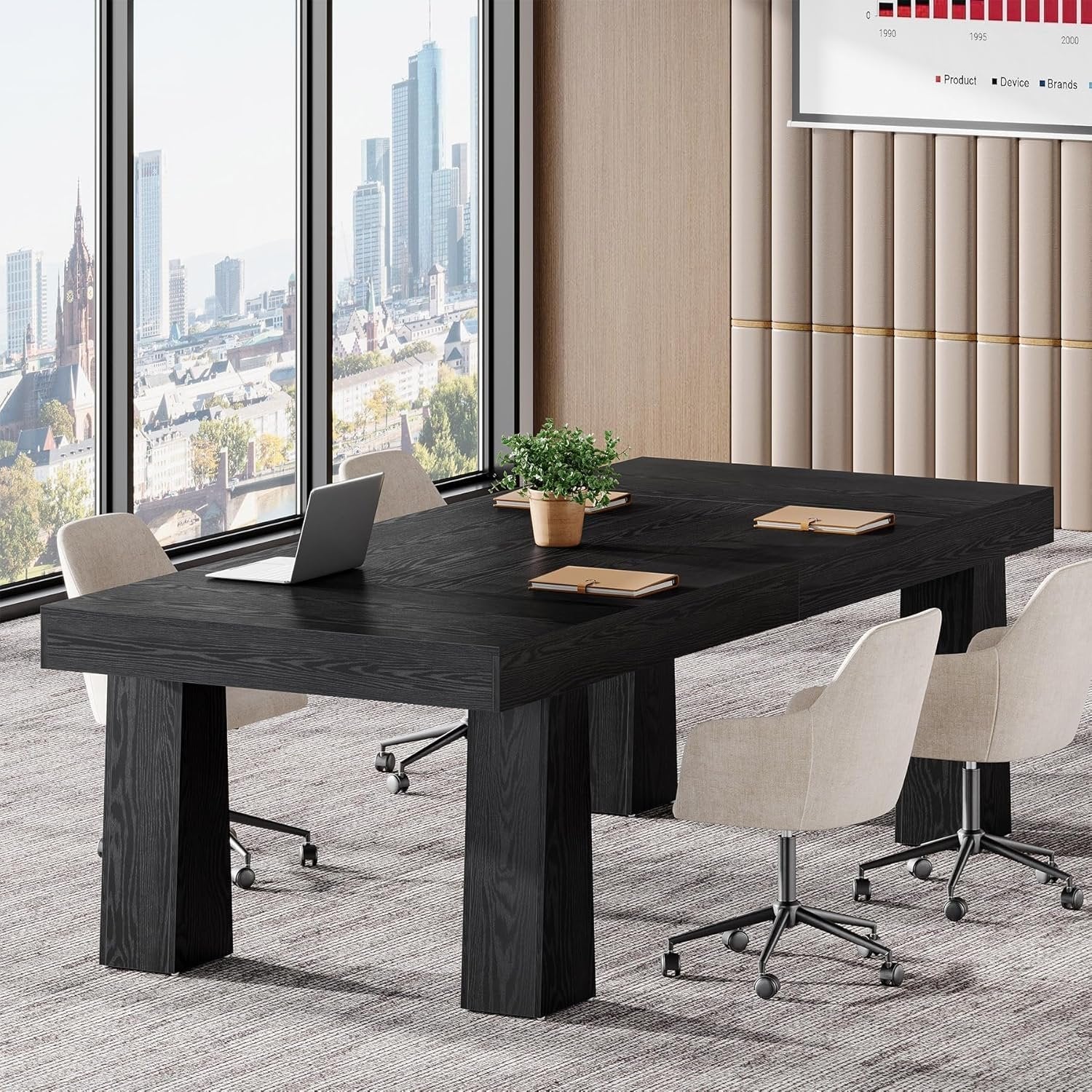 Tribesigns Vergadertafel van 160 cm, Moderne industriële vergadertafel met 4 zwarte taps toelopende poten