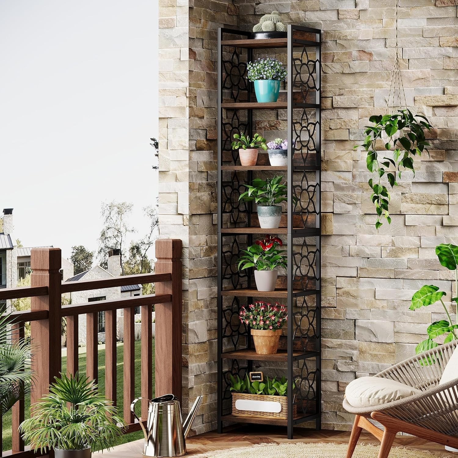 Tribesigns 7-laags extra hoge smalle hoekplank hout met metalen frame voor woonkamer
